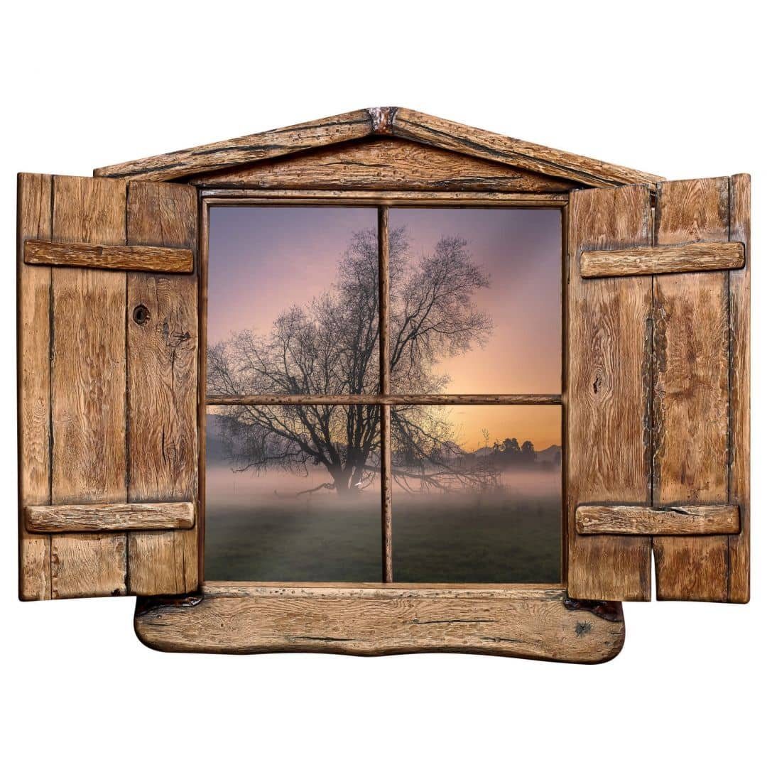 K&L Wall Art Wandtattoo 3D Wandtattoo Aufkleber Cuadrado Landhaus Vintage Baum des Lebens Wald, Holzfenster Wandbild selbstklebend