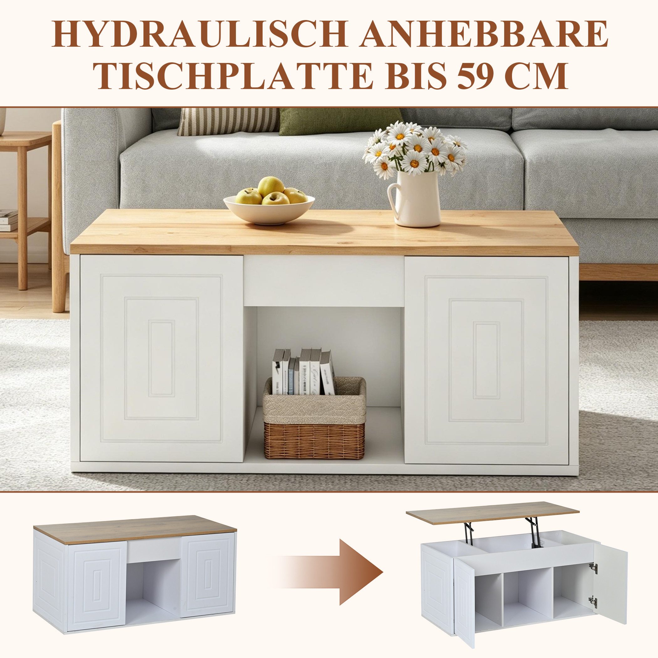 SeedWave Couchtisch Moderner Sofatisch mit Höhenverstellbarer Tischplatte bis Höhe 59cm, Skandinavischer Minimalstil, Stubentisch mit versteckten Staufächern