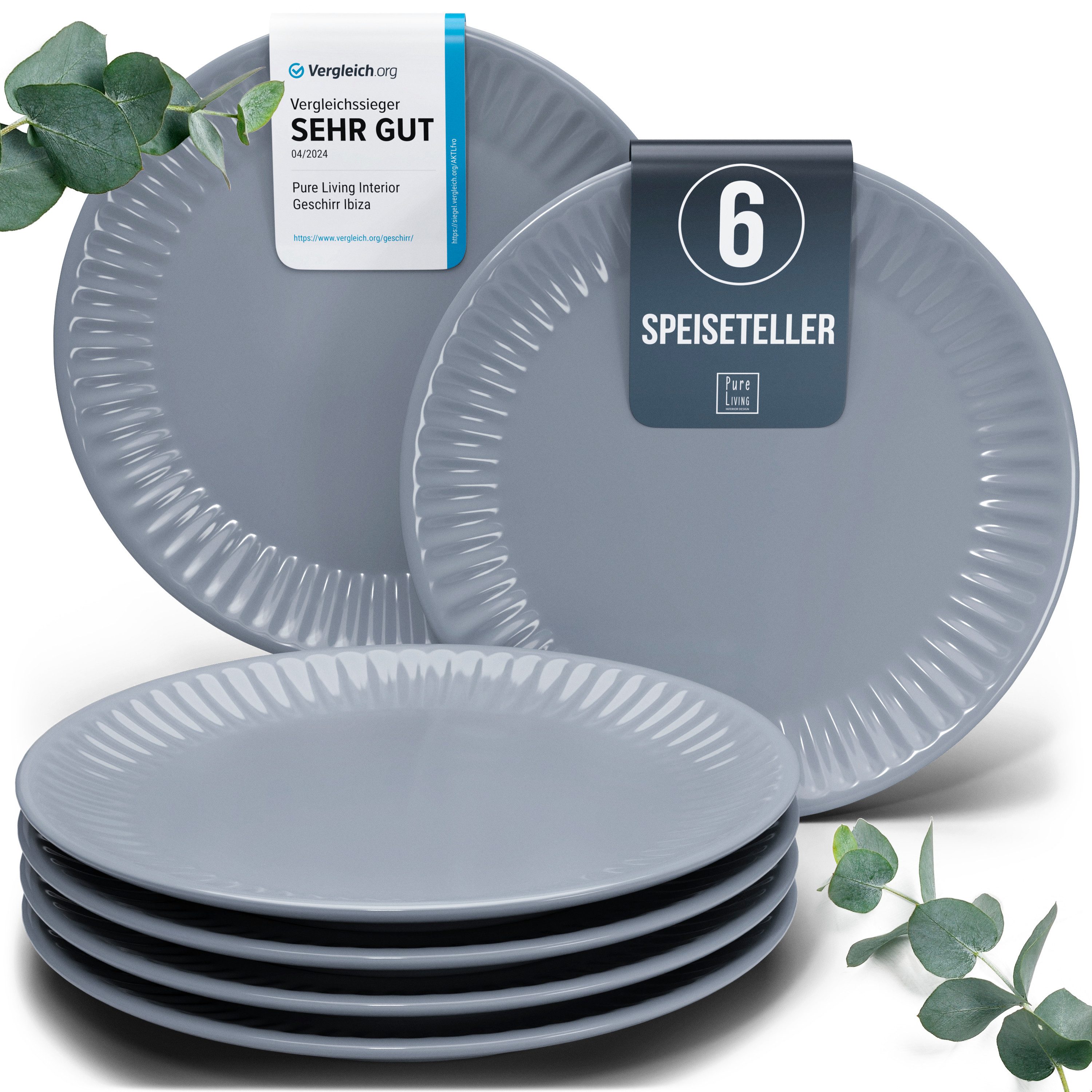 PURE LIVING INTERIOR DESIGN Geschirr-Set Hygge Speisseteller, Dinnerteller, 6er-Set, 26 cm, Graublau (6-tlg), 6 Personen, Steingut