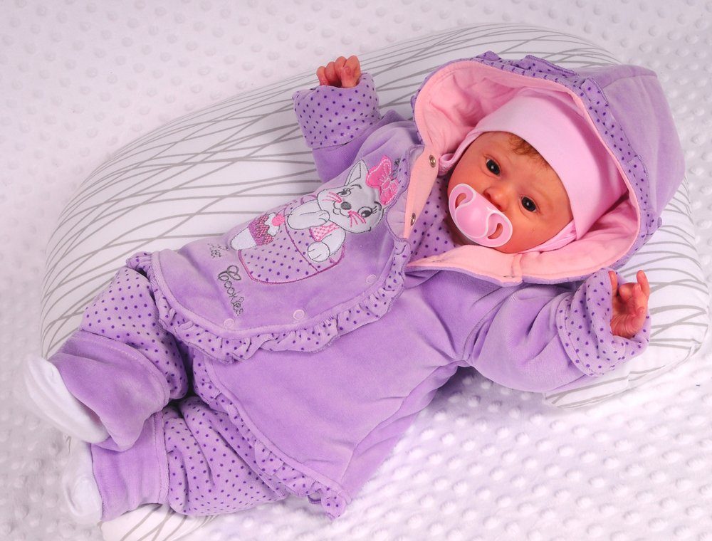 La Bortini Schneeoverall Wagenanzug Babyanzug warme Baby Jacke und Latzhose Set 50 56 in Lila aus weichem Velours, mit Kätzchen, für Neugeborene 50 56