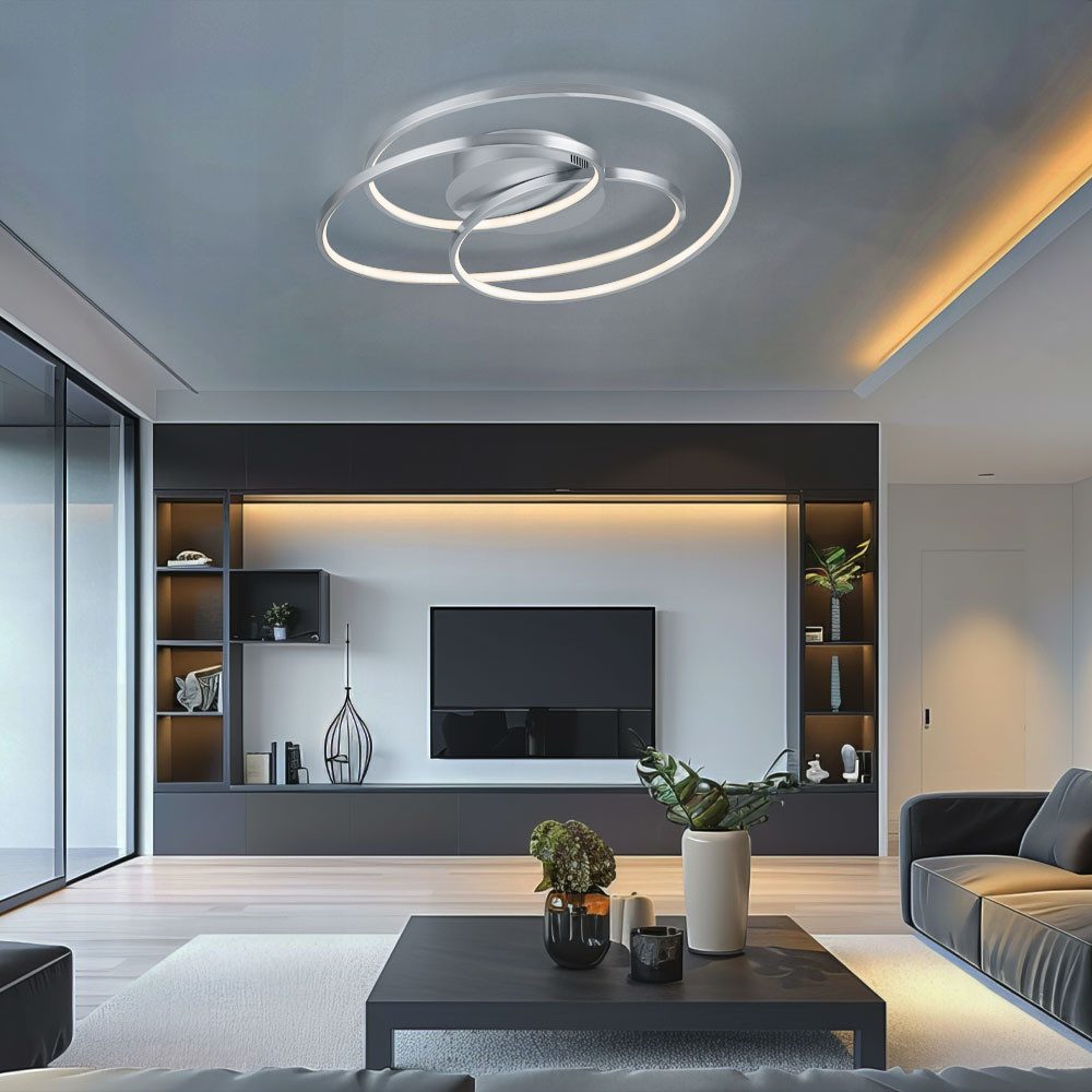 TRIO Leuchten LED Deckenleuchte, LED-Leuchtmittel fest verbaut, Warmweiß, LED Decken Lampe Wohn Zimmer Ring Leuchte silber Switch DIMMER