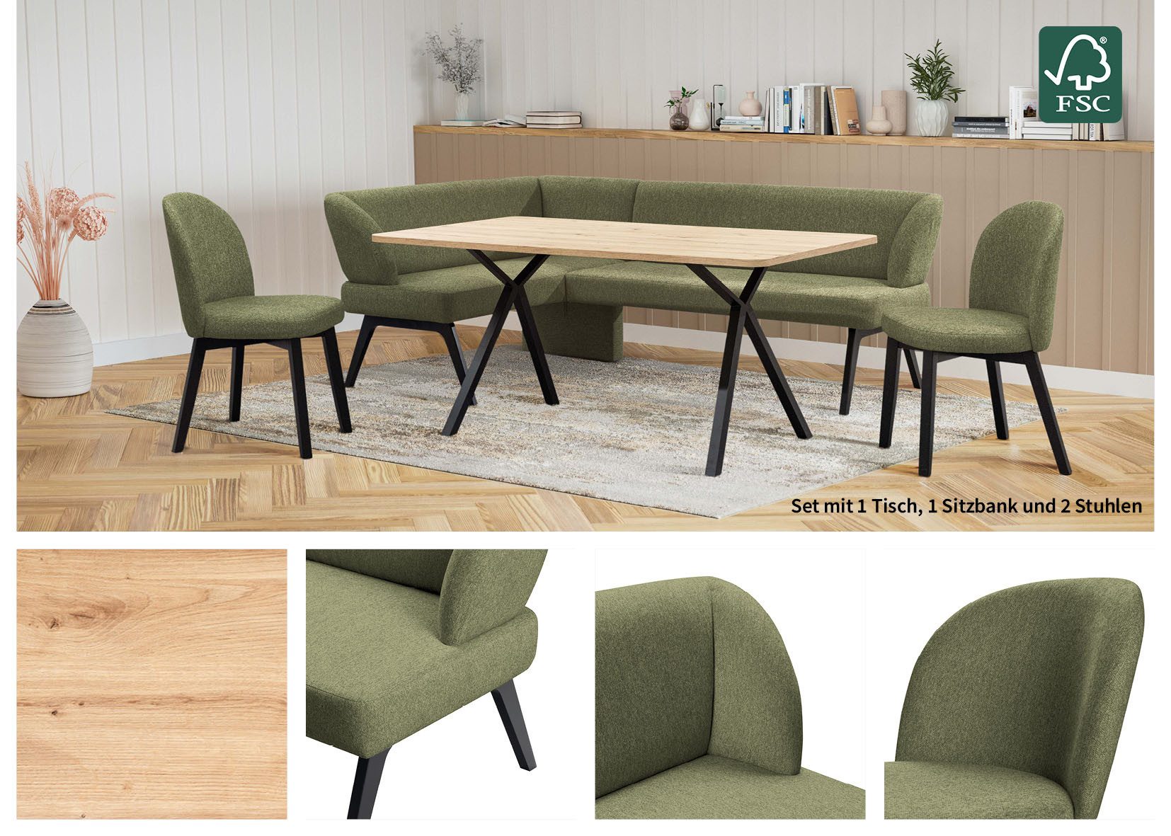 OTTO home Eckbankgruppe Aretha Essecke, Sitzgruppe, Eckbank, Küchenbank, (Set, 4-tlg., 4er), Esszimmer Sitzgruppe, Tisch, Stühle und Bank gepolstert, Nosagfederung