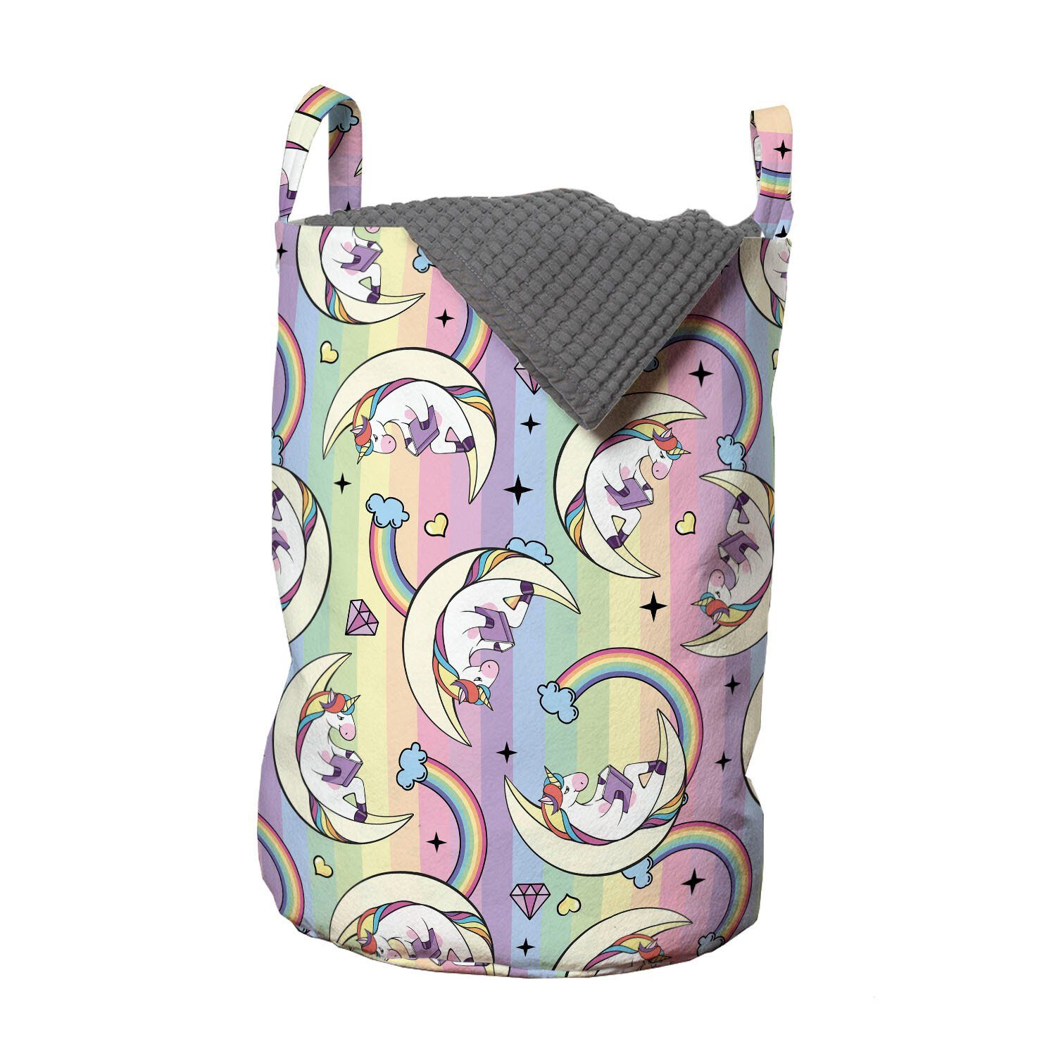 Abakuhaus Wäschesäckchen Griffen Kordelzugverschluss Unicorn Wäschekorb für Waschsalons, Bookworm Regenbogen Multicolor mit