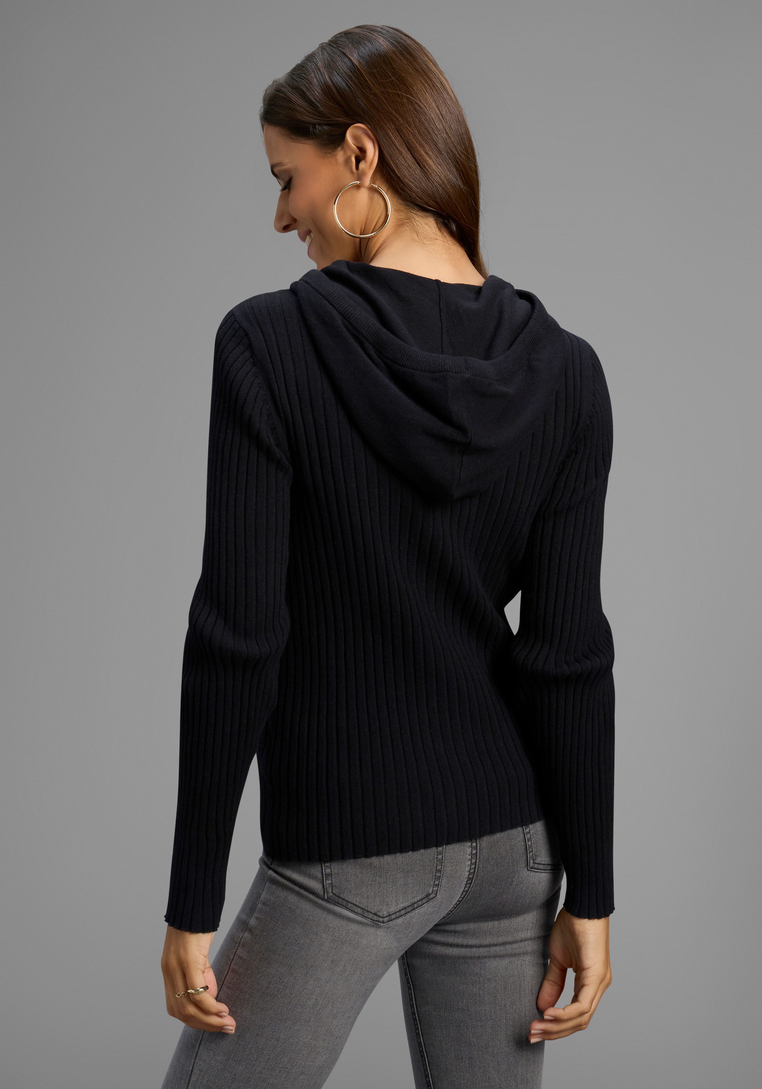 Laura Scott Kapuzenstrickjacke Feinstrick mit Rippe mit 2-Wege-Reißverschlu günstig online kaufen