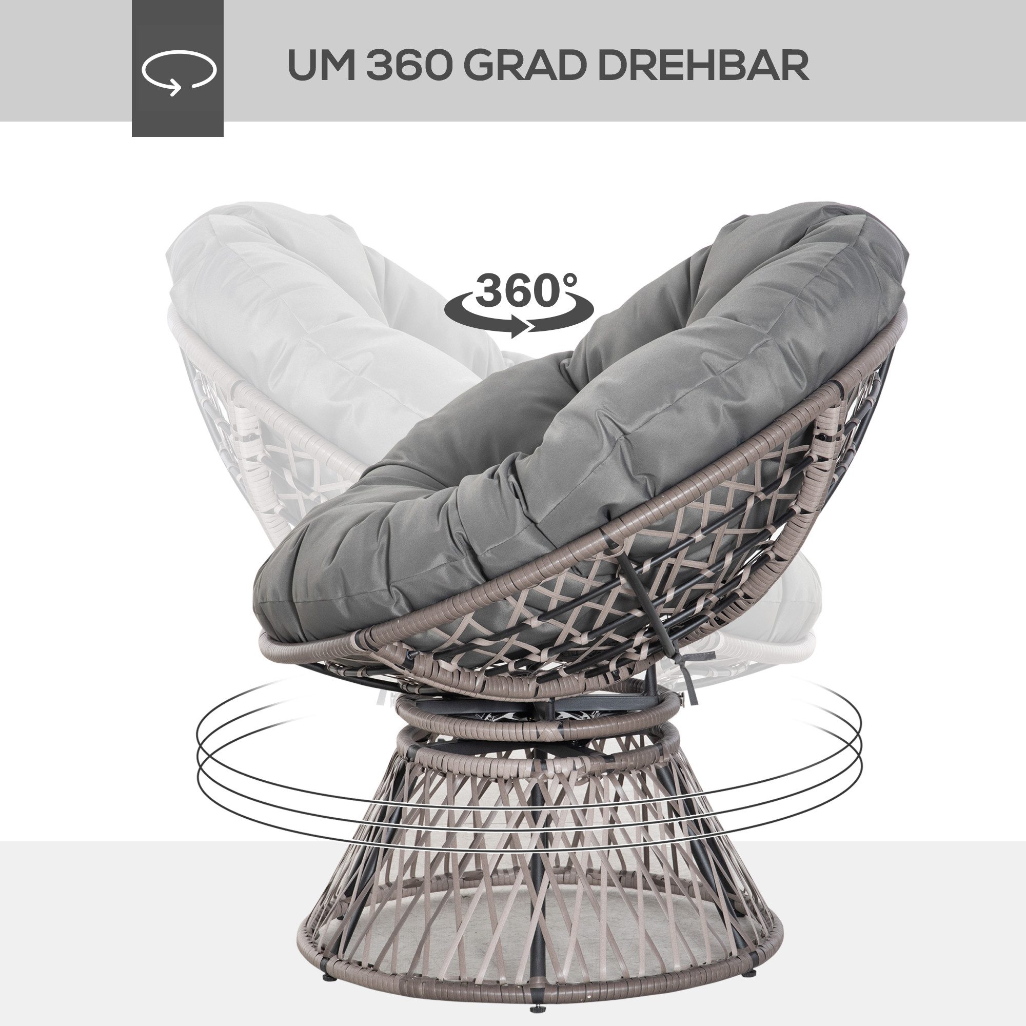 Outsunny Gartensessel Papasansessel Korbsessel Sessel mit Polster Rattan Grau (Sessel, 1-St., Korbsessel), um 360 Grad drehbar – Bild 4 von 5