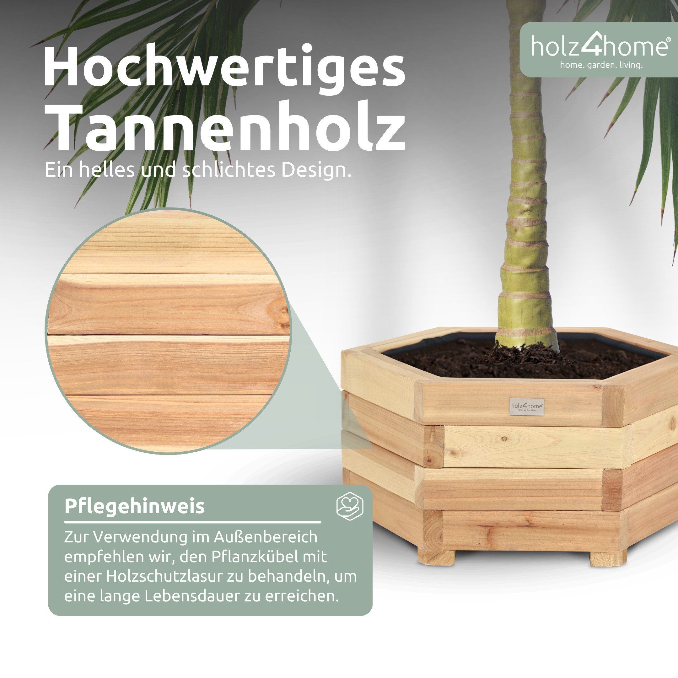 holz4home® Pflanzkübel 6-eckig aus Tannenholz I Outdoor Blumenkübel für Garten Balkon, inkl. Gartenhandschuhe & Vlies