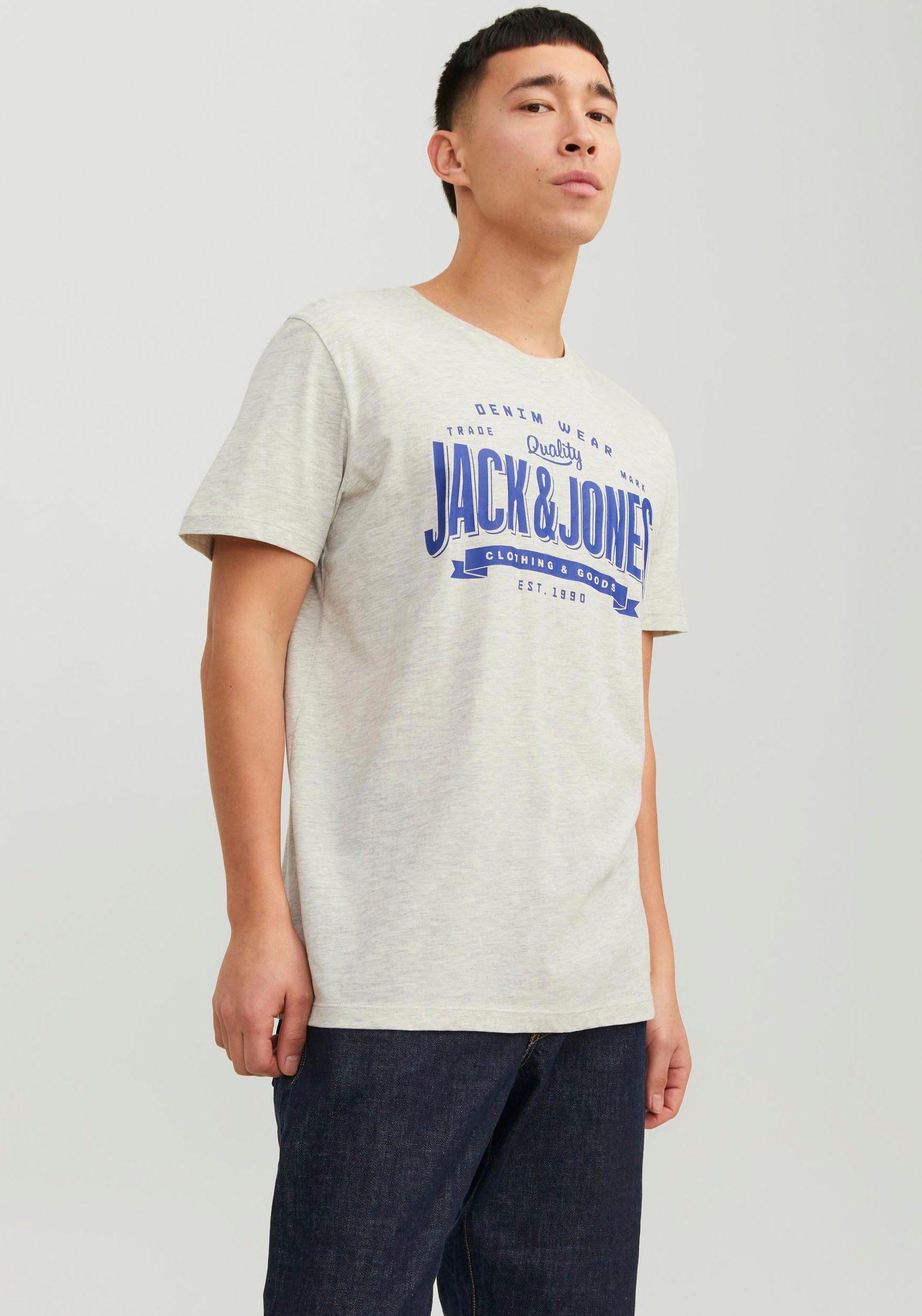 White Jones Melange Jack & SS AW23 SN JJELOGO MEL 1 O-NECK COL Print-Shirt TEE