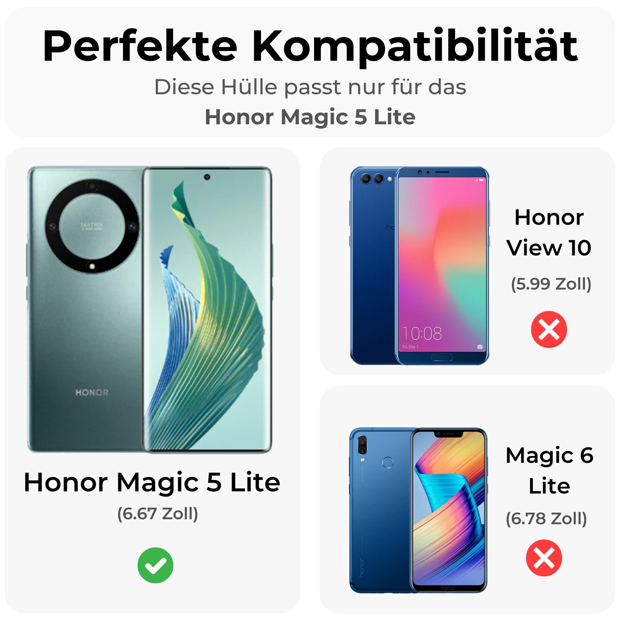 betterfon Handyhülle Handytasche für Honor Magic 5 Lite Klapphülle Klapphülle, Bookstyle-Hülle: Magnetverschluss 3 Kartenfächer & Standfunktion – Bild 2 von 5