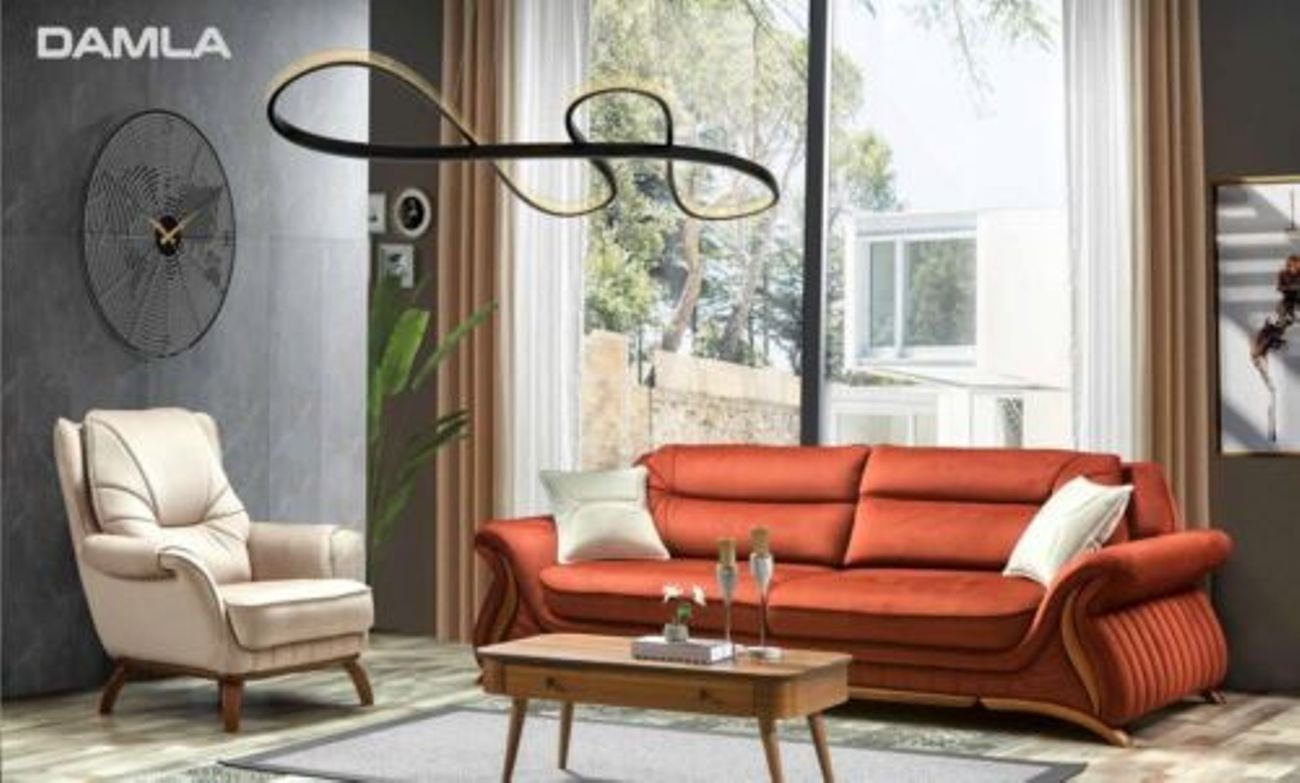 JVmoebel Wohnzimmer-Set Design Sofa 3+1 Sitz Sessel Polster Luxus Kunstleder Couchen Sofas Orange | Wohnwände