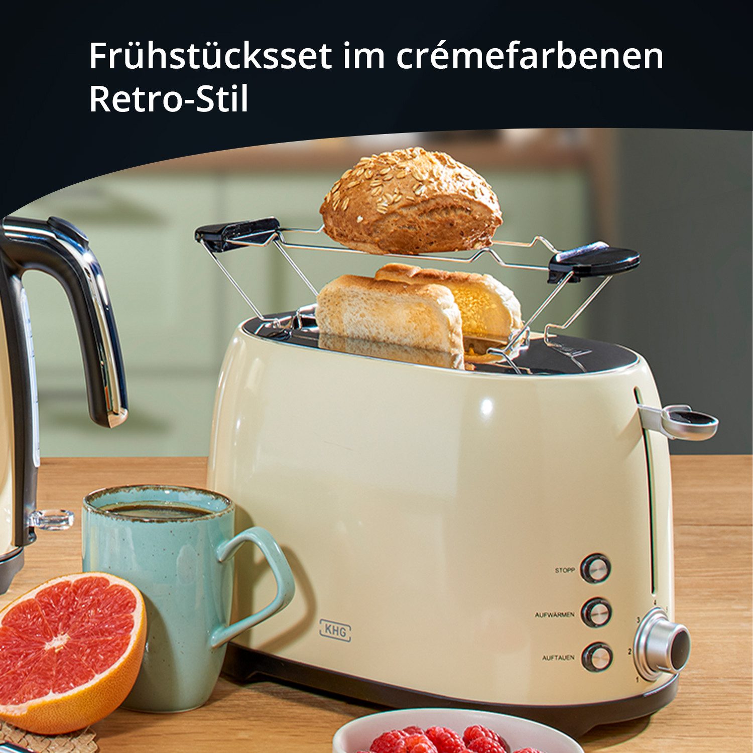 KHG Toaster Creme, Auftau- und Aufwärmfunktion, 7 stufenlose Bräunungsstufen, 2 kurze Schlitze, für 2 Scheiben, 800 W, Edelstahl, Brötchenaufsatz, Krümelschublade
