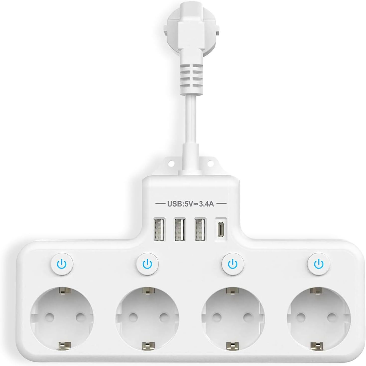 Heqishun 4-fach Steckdosenleiste mit 3 USB-A, USB-C und 4 Schaltern Mehrfachsteckdose 4-fach (3 USB-A-Anschlüsse, 1 USB-C-Anschluss, Überstromschutz, Kurzschlussschutz, 4 Steckdosen, Überlastschutz, 4 unabhängige Schalter, Kindersicherung, Überspannungsschutz, Überstromschutz, Kurzschlussschutz, Überlastschutz, Kindersicherung, Überspannungsschutz, Kabellänge 0,1 m), 4 Steckdosen, 3 USB-A, 1 USB-C, 4 Schalter, Kindersicherung