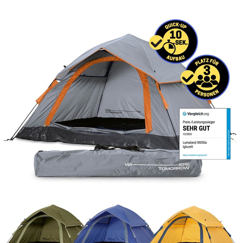 Lumaland Kuppelzelt Wurfzelt Zelt für 3 Personen 210x190x110cm, Leichtes Pop Up Wurfzelt, 2-3 Personen Kuppelzelt, Wasserdicht