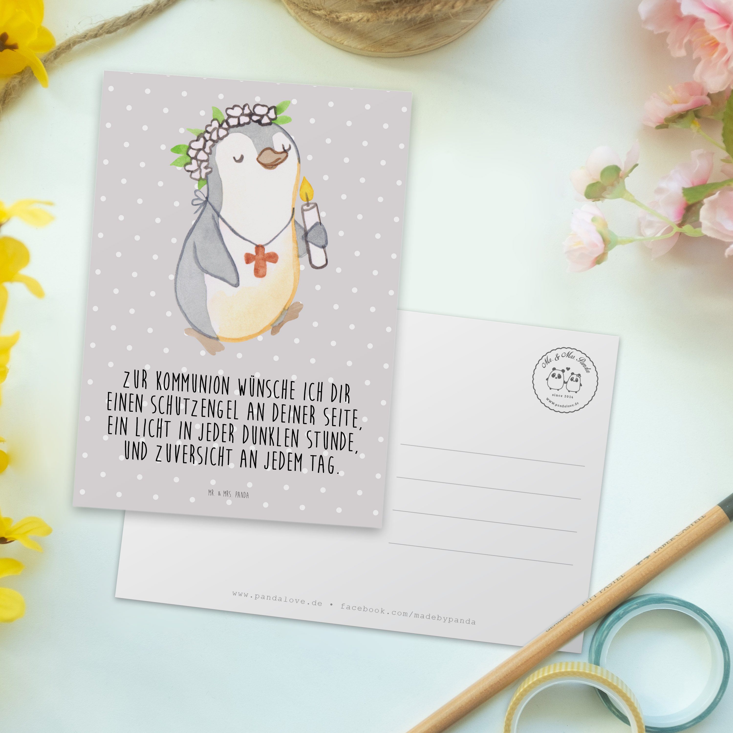 Postkarte Konfirmation Mr. - Kommunion Pinguin Panda & Mädchen Ges Mrs. Geschenk, Pastell Grau -