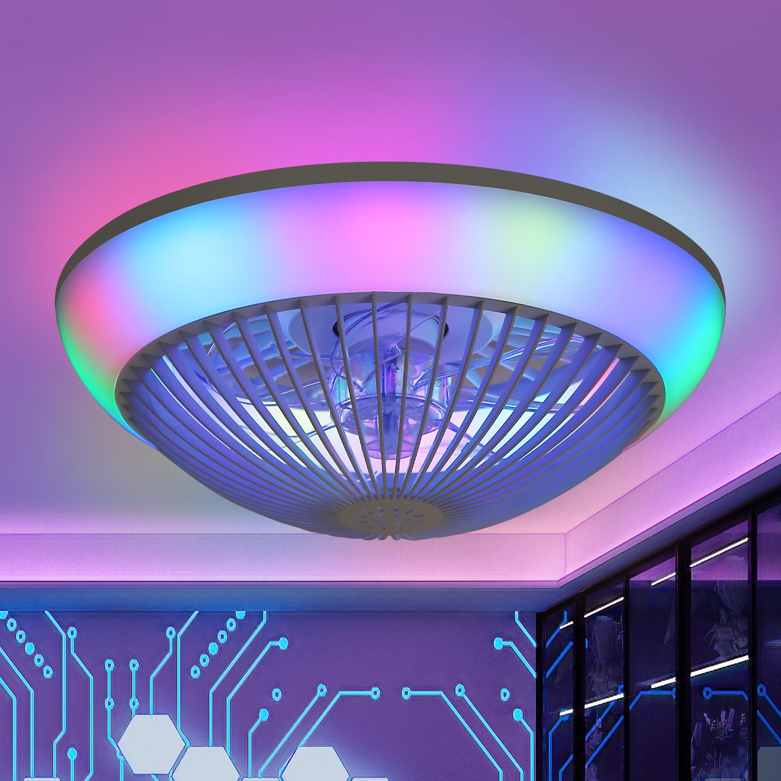 Sofucor Deckenventilator RGB‑Licht, 38 cm Durchmesser, Gleichstrommotor, 7 ABS‑Flügeln & 1/2/4‑Stunden‑Timer