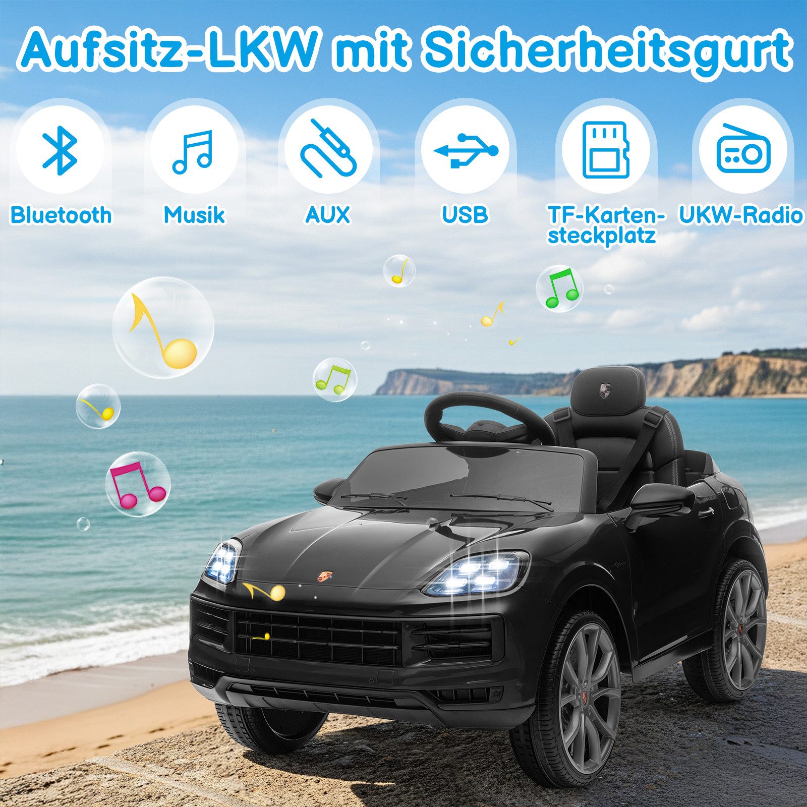LALAHO Elektro-Kinderauto Kinder Elektroauto Porsche Cayenne Geländewagen Fernsteuerung, 2,4G-Fernbedienung, mit MP3, Musik, Hupe, LED-Leuchten