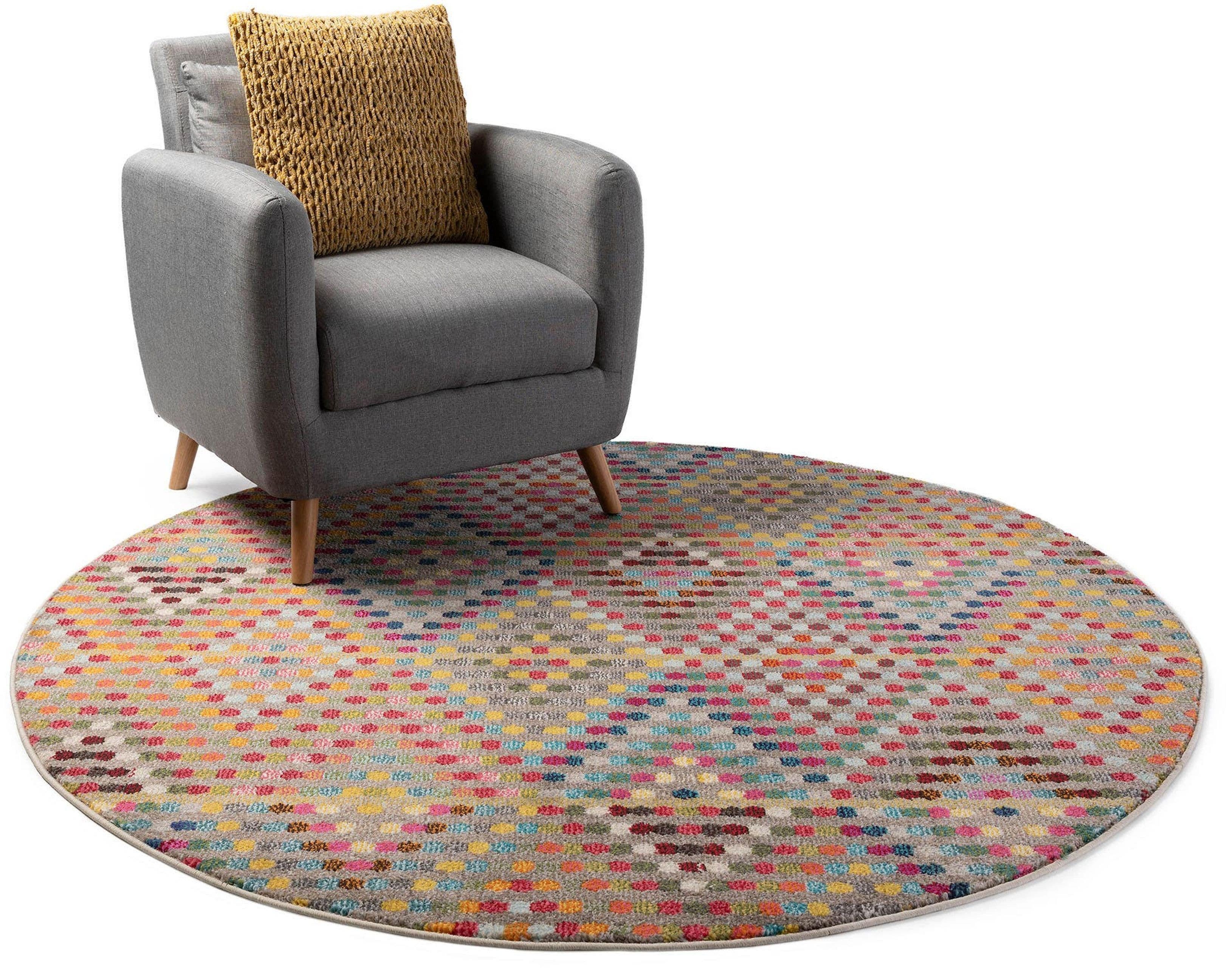 benuta Teppich Casa, rund, Höhe: 11 mm, Teppich Wohnzimmer, Esszimmer, Schlafzimmer, Flur, Farbenfroh, Retro