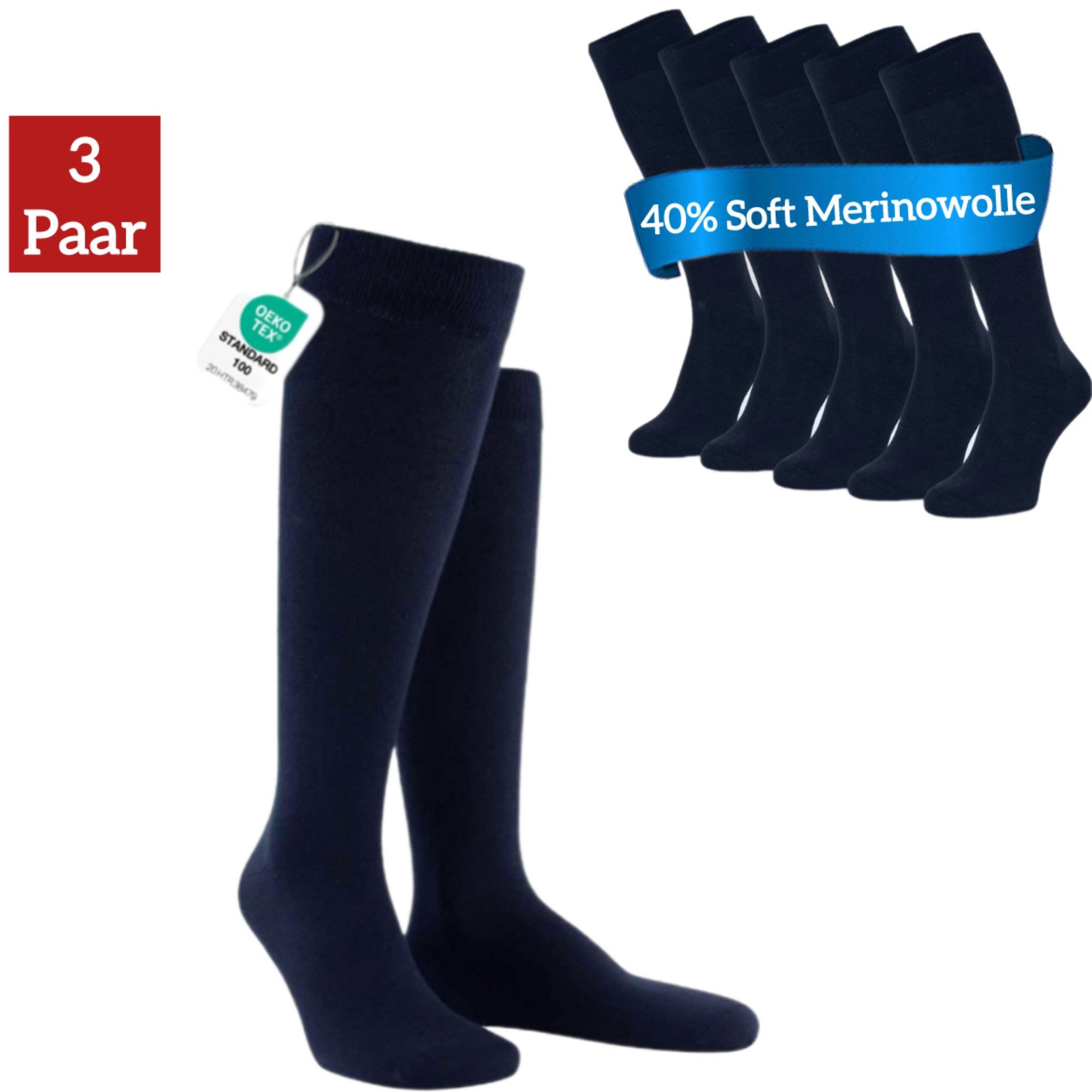 NERS Kniestrümpfe aus Merinowolle Damen & Herren mit Komfortbund, ohne drückende Naht (3-Paar, 3 & 6 Paar) Soft Merino, für warme Füße