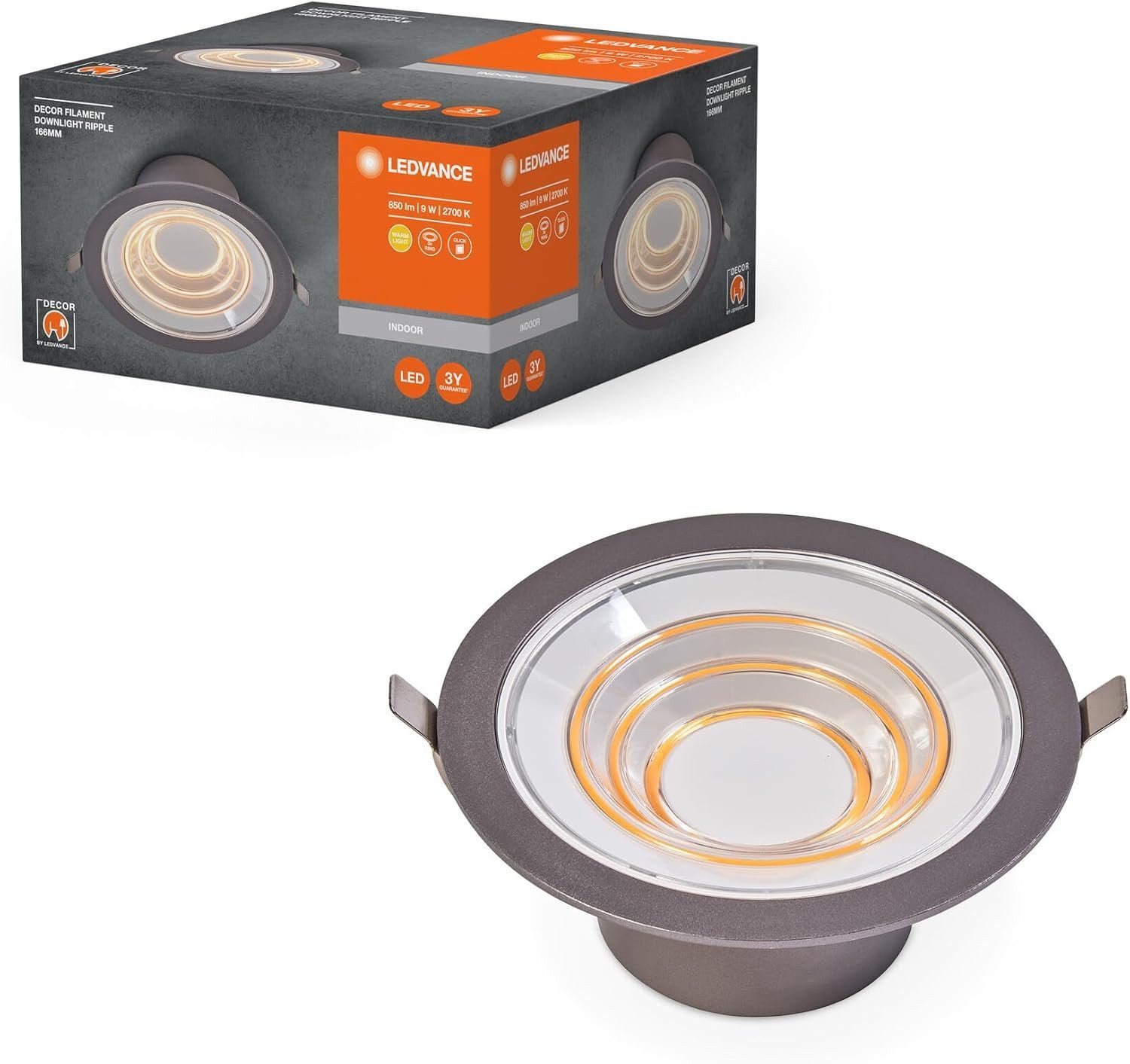 Ledvance LED Deckenleuchte DECOR FIL DL RIPPLE, warmweiß, dimmbar, separat zuschaltbare Filament-Leuchtringe