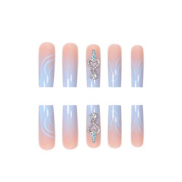 YRIIOMO Kunstfingernägel Lange, verschleißfeste Nägel mit Anhänger, gefälschte Nagelflicken mit, blauer Farbverlaufslinie, Maniküre-Aufkleber