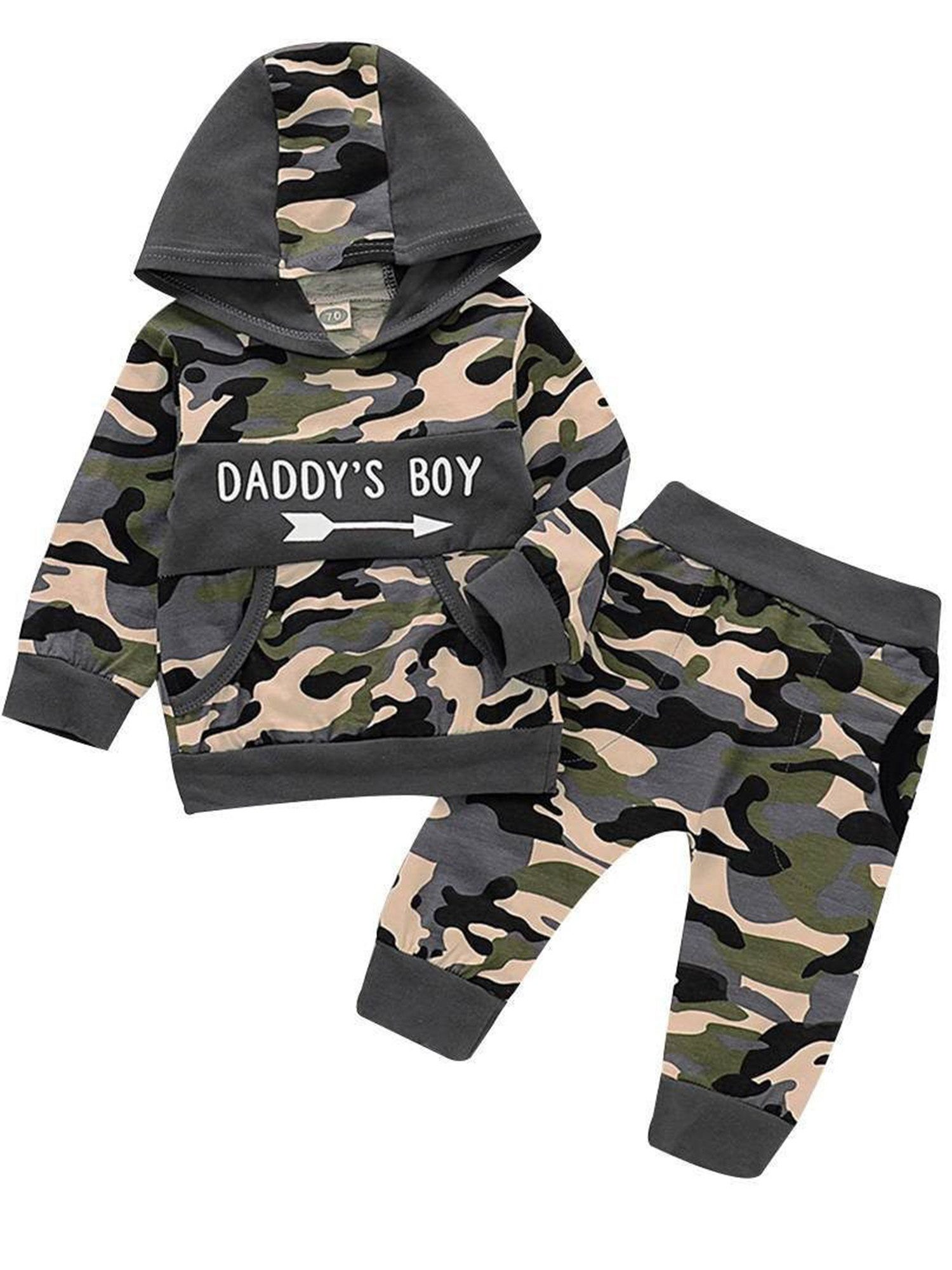 Gluckids Top & Hose Baby Jungen Langarm Kapuzenpullover Top &Hose Outfit Camo Babykleidung (2-tlg) Neugeborenen Briefdruck Sweatshirt Hosenanzug Hoodie Top Hose Baby-Set
