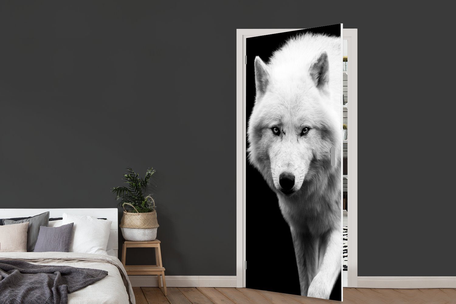 Tier (1 Tür, Schwarz MuchoWow Matt, Türtapete cm Weiß, für bedruckt, Fototapete Wolf - St), 75x205 Türaufkleber, - -