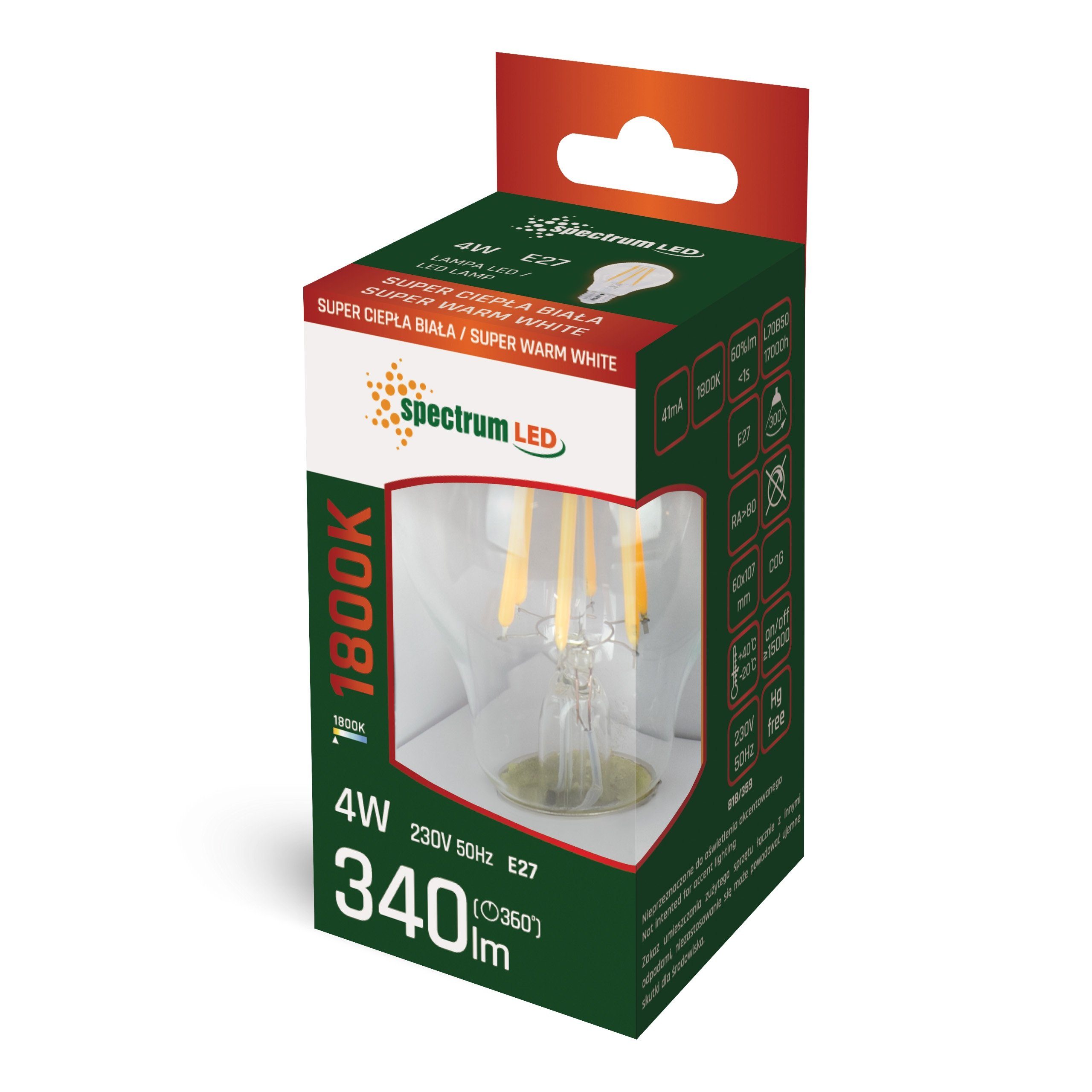 SpectrumLED klar 340lm Warmweiß 230V Extra 1800K, 4W E27, LED Filament A60 E27 LED-Leuchtmittel Extra Birne Warmweiß