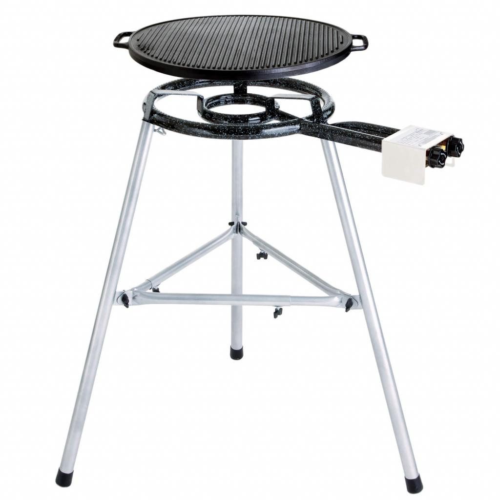 Paella World International Grillplatte Gussgrillplatten-Set verschiedene Größen mit Dreibein und Gasbrenner