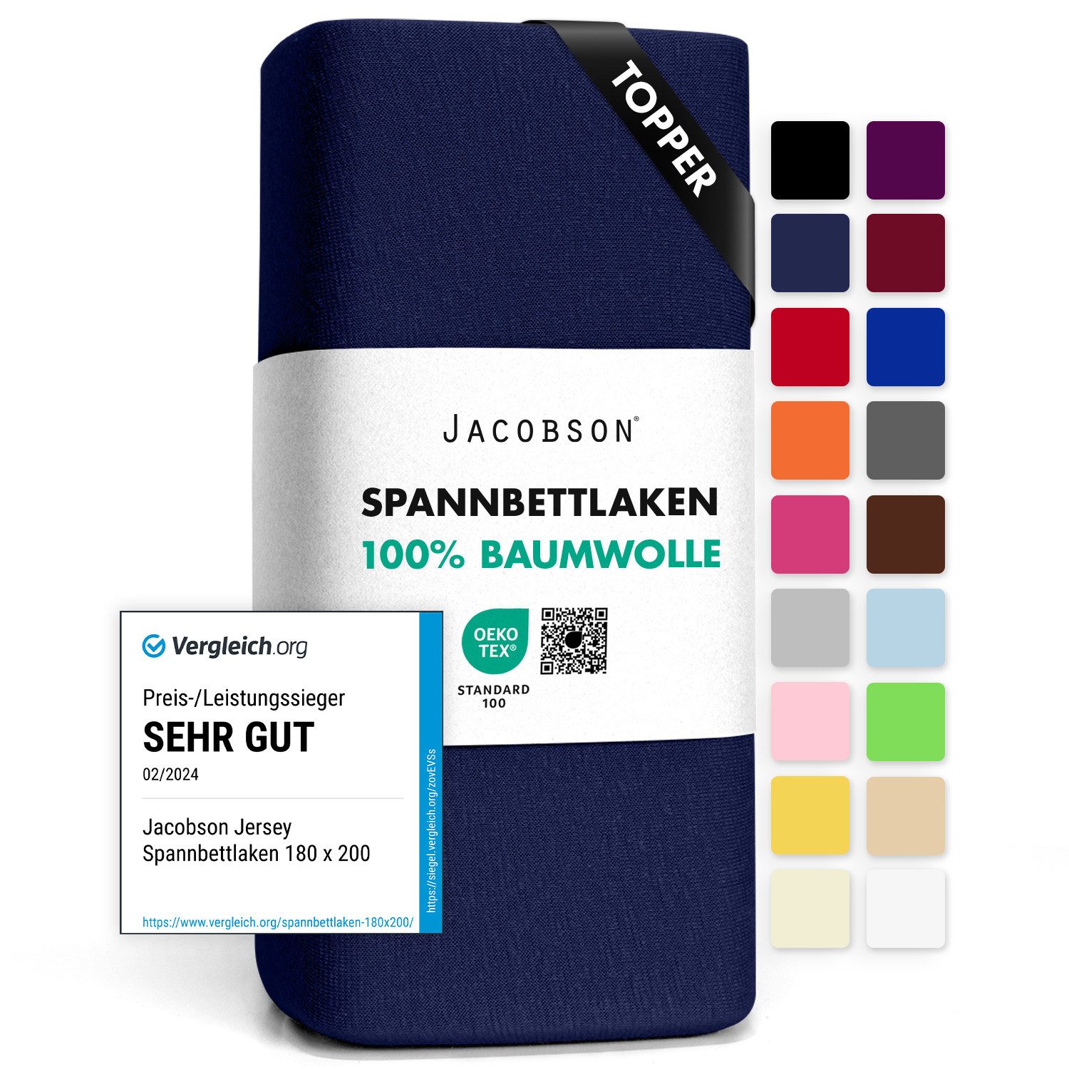 Jacobson Spannbettlaken TOPPER aus 100% Baumwolle, Jersey Bettlaken 160 g/m², Spannbetttuch mit Gummizug, pflegeleicht & viele Farben