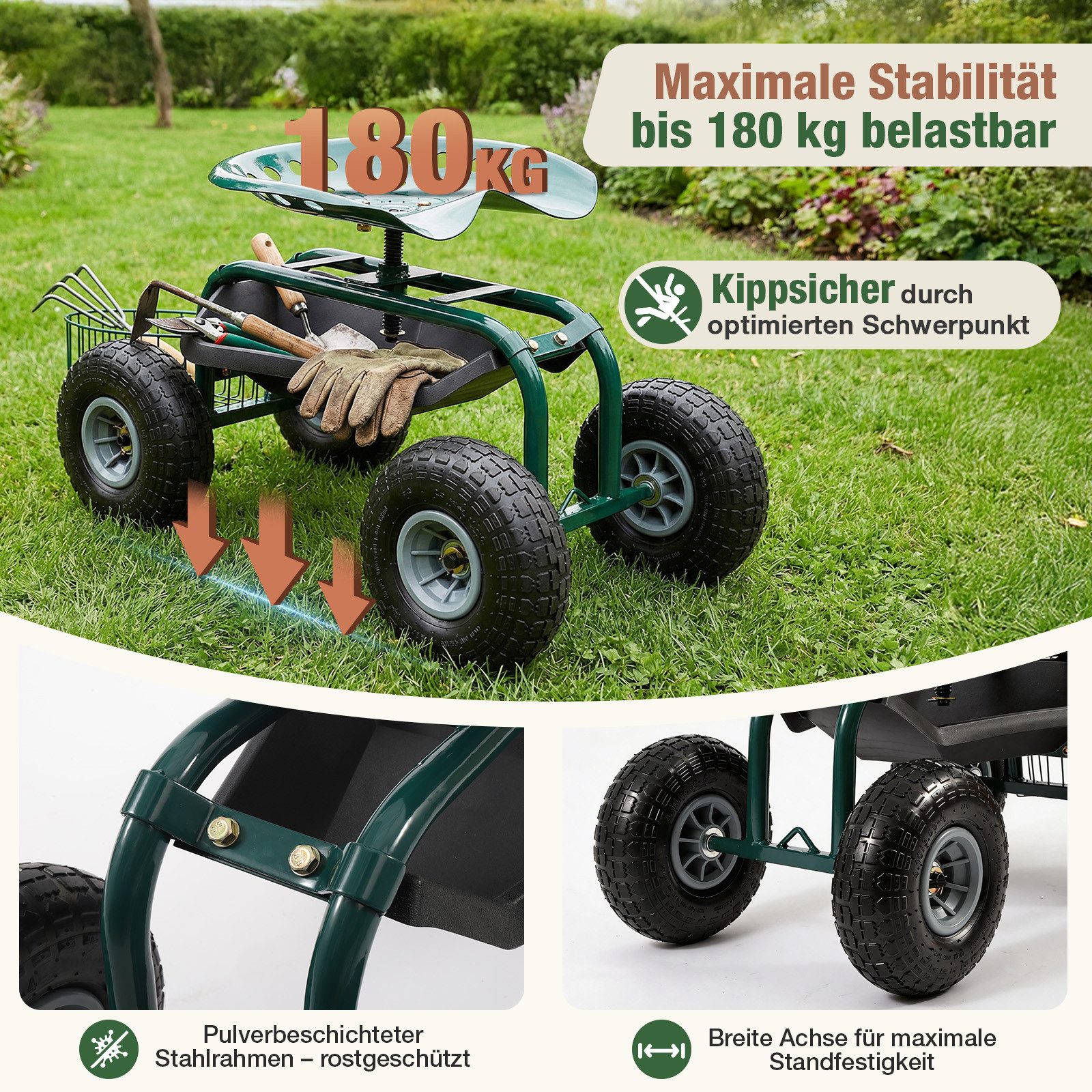 Sekey Kniebank Rollsitz Garten 360° drehbar mit Luftreifen Gartensitz Erntehilfe, Bis 180kg belastbar Gartenhocker mit Ablage für Beet Gewächshaus