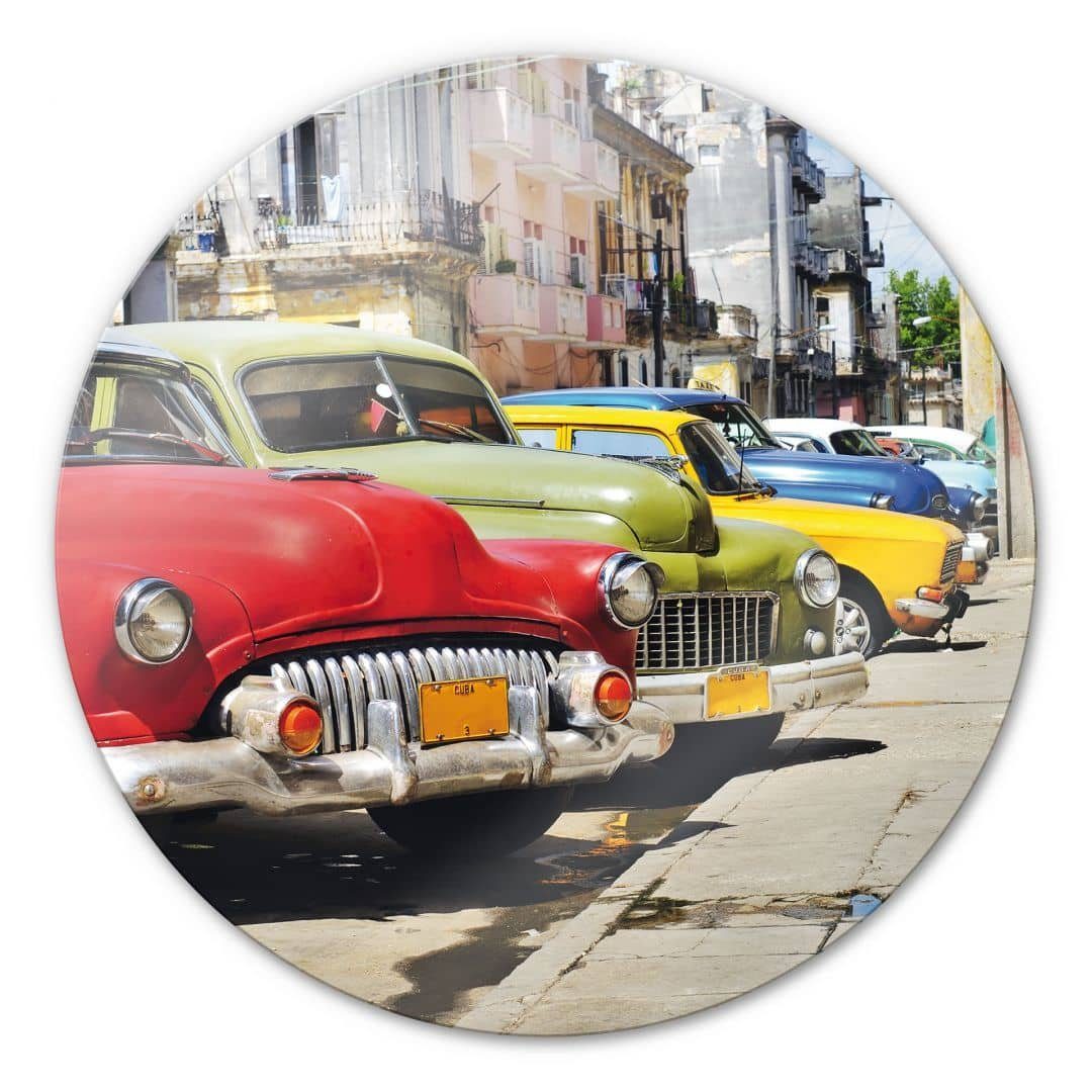 K&L Wall Art Gemälde Glas Wandbild Rund Glasbild Büro Cuba Oldtimer Auto Vintage Cars, Wandschutz Deko Bilder