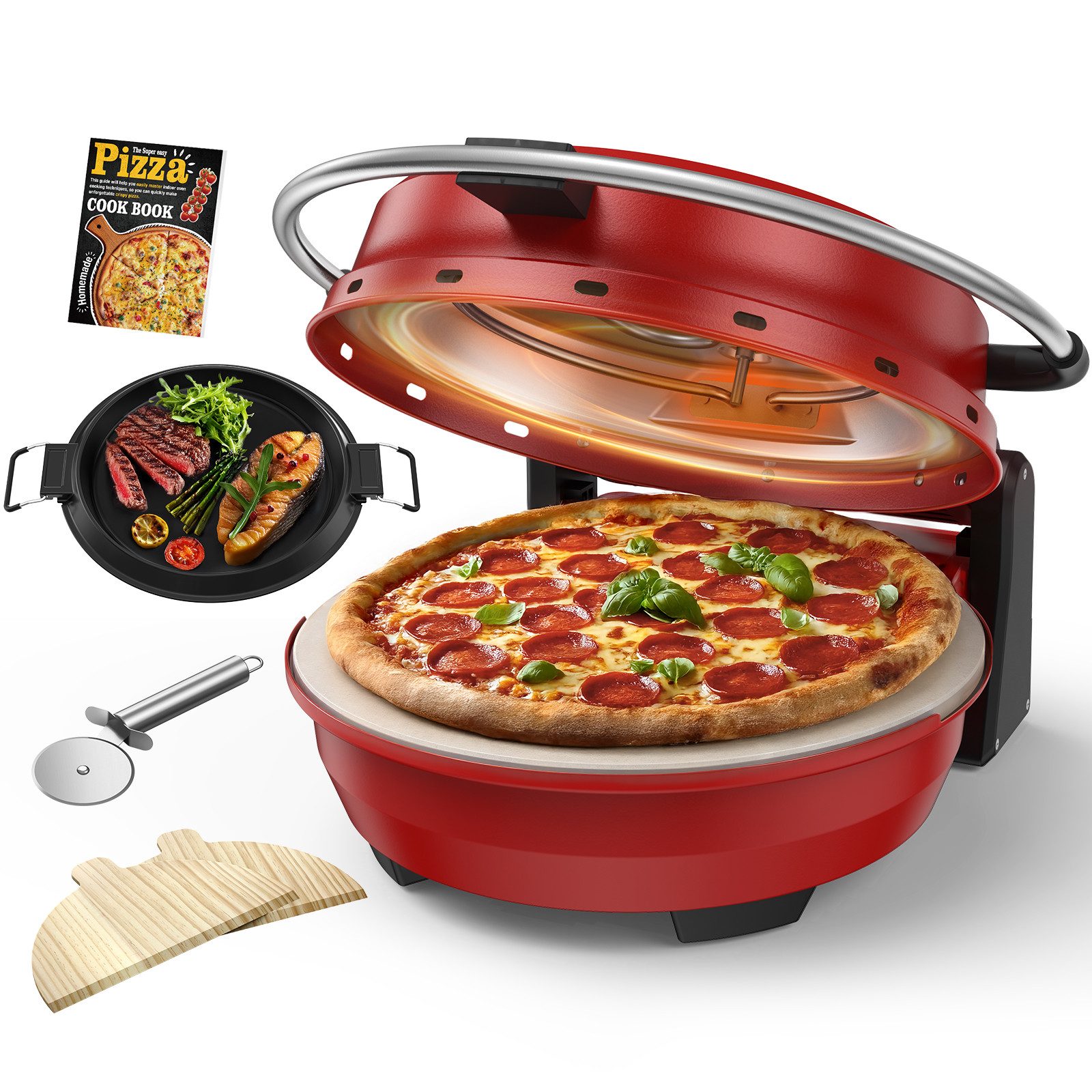 Airmsen Pizzaofen 2-in-1 1500W mit Pizzastein & Grillpfanne, 32 cm, 425°C, kompakt für Pizza, Flammkuchen & Snacks zuhause
