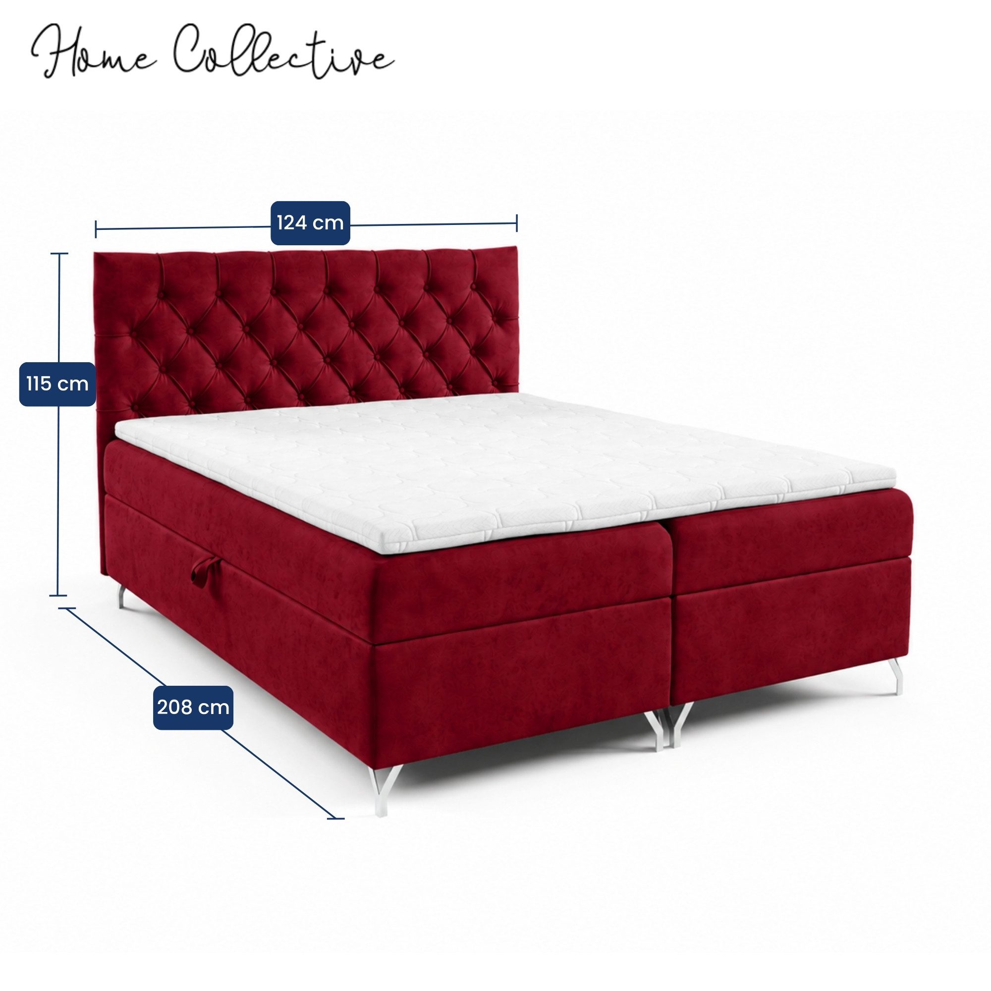 Home Collective Boxspringbett Bett Doppelbett mit Bettkasten Polsterbett Stauraum Samtstoff (Größen 120x200, 140x200, 160x200, 180x200, 200x200 cm), Bonell-Federkern und Topper, Metallfüße Rot