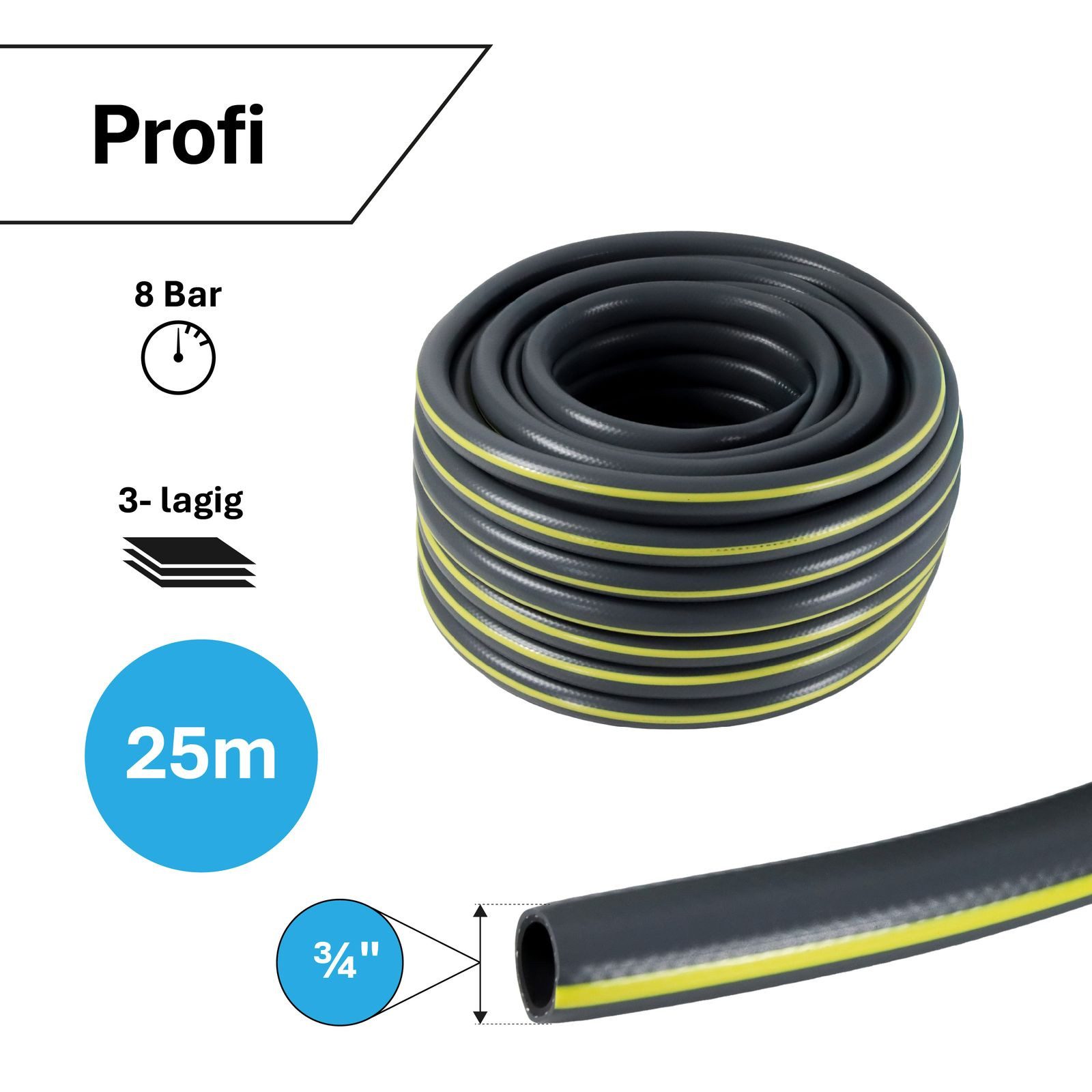 APD Schlauchtechnik Gartenschlauch Gartenschlauch Grau 3/4 Zoll 25 m 3-lagig verstärkt knickfest "Profi"