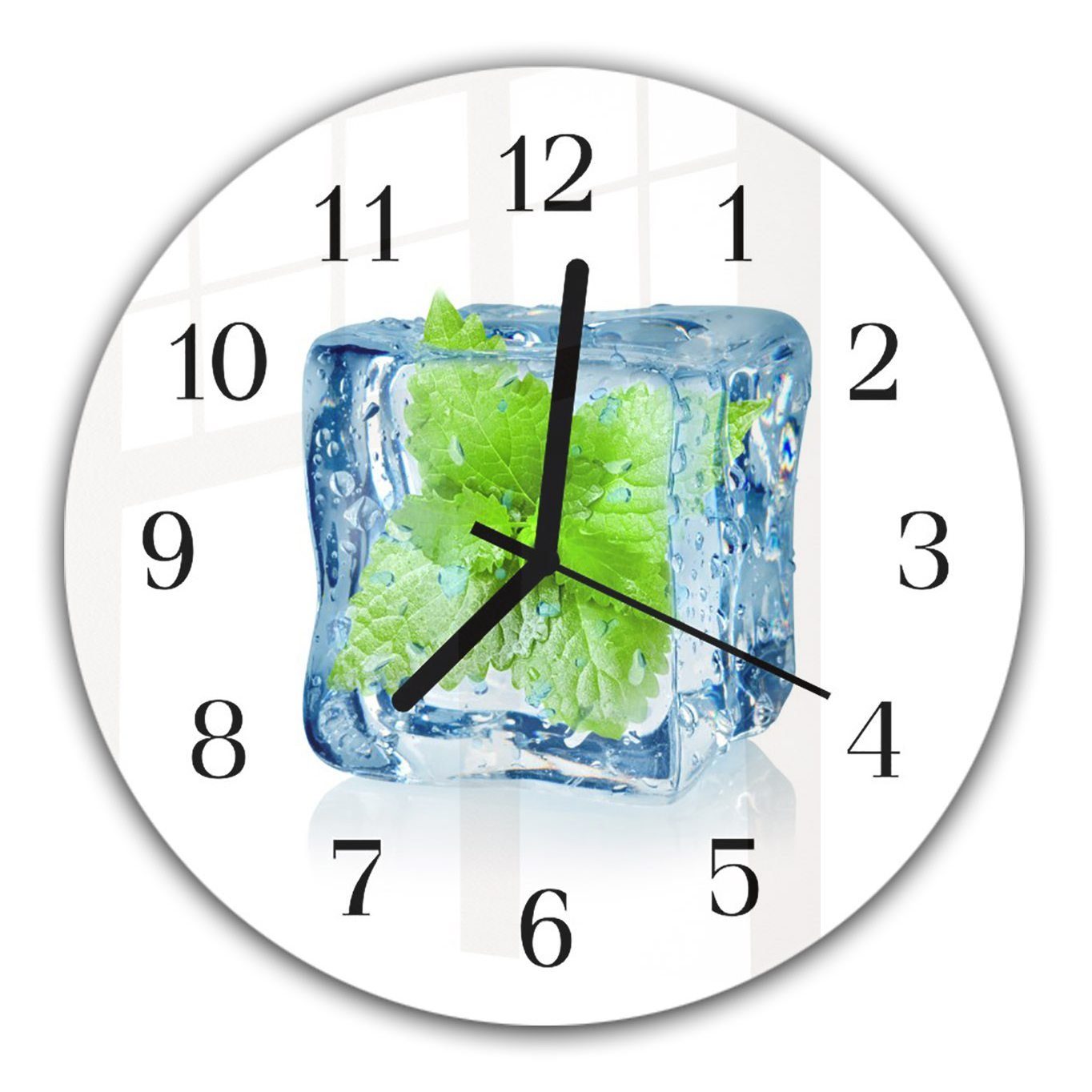 Primedeco Wanduhr Wanduhr aus Glas mit Motiv Minze in Eiswürfel - Rund mit Durchmesser 30 cm und Quarzuhrwerk