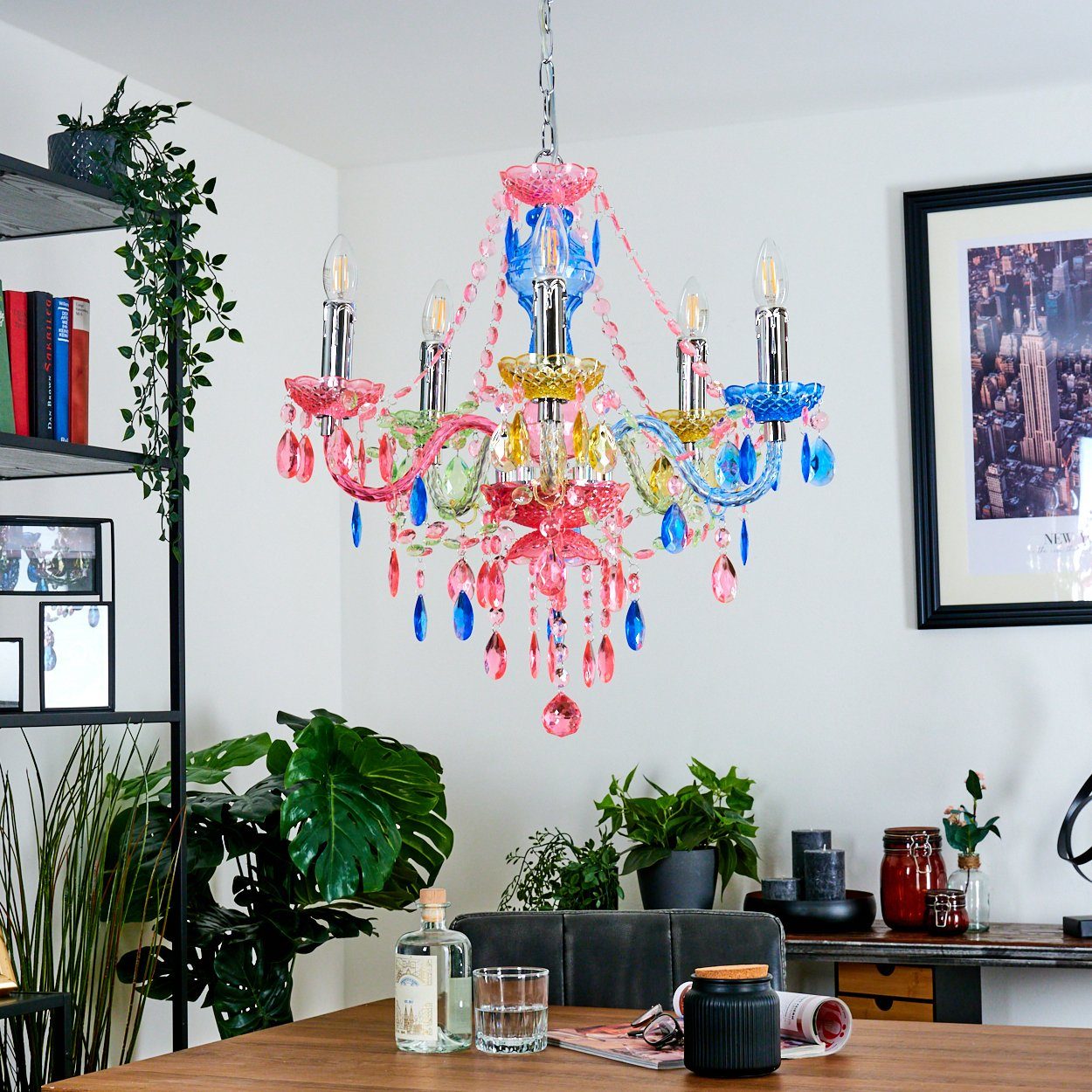 hofstein Kronleuchter »Compione« Hängeleuchte in Chromfarben/Bunt mit Dekokristallen, ohne Leuchtmittel