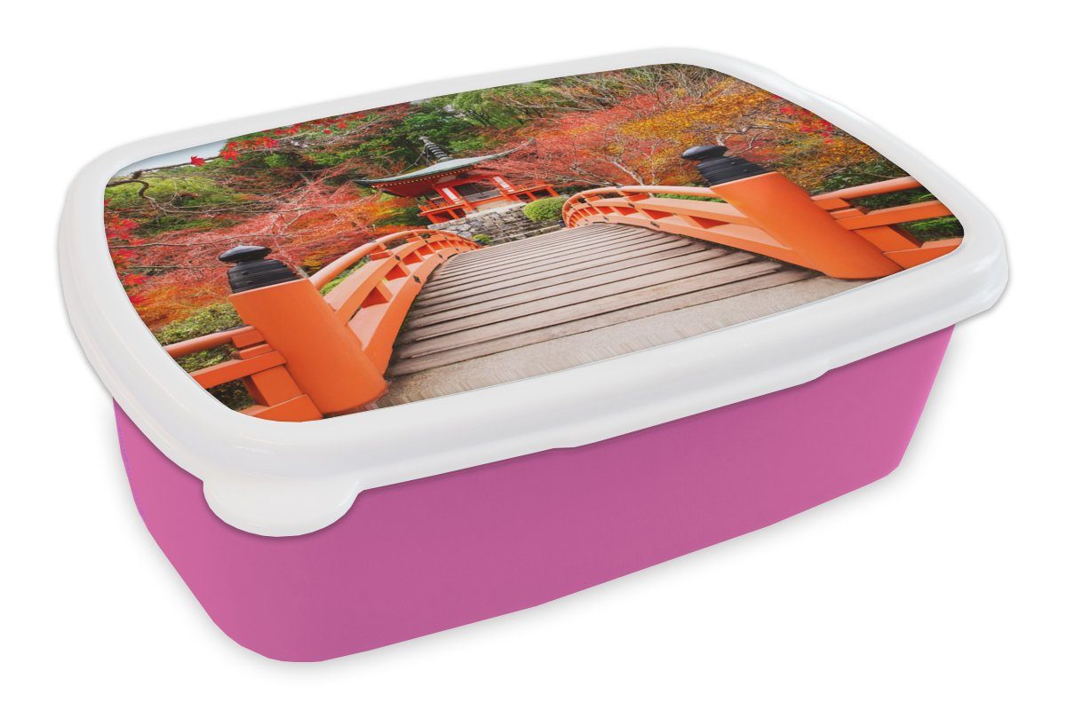 MuchoWow Lunchbox Brücke - Pagode - Japanisch - Rot - Natur, Kunststoff, (2-tlg), Brotbox für Erwachsene, Brotdose Kinder, Snackbox, Mädchen, Kunststoff rosa