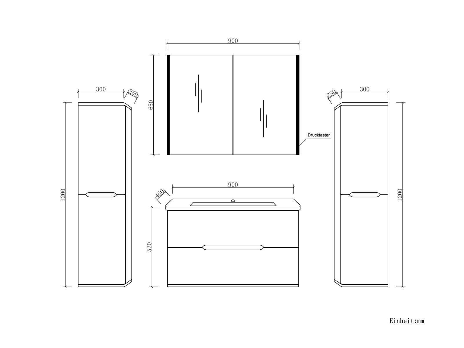 Homeline Badmöbel-Set Sky Badmoebel Set Schwarz Weiß Eiche Hochschglanz Spiegelschrank, (Spar Set, 5-St., Bad Möbel set besteht aus 5 Teilen), Spiegelschrank, Hochglanz