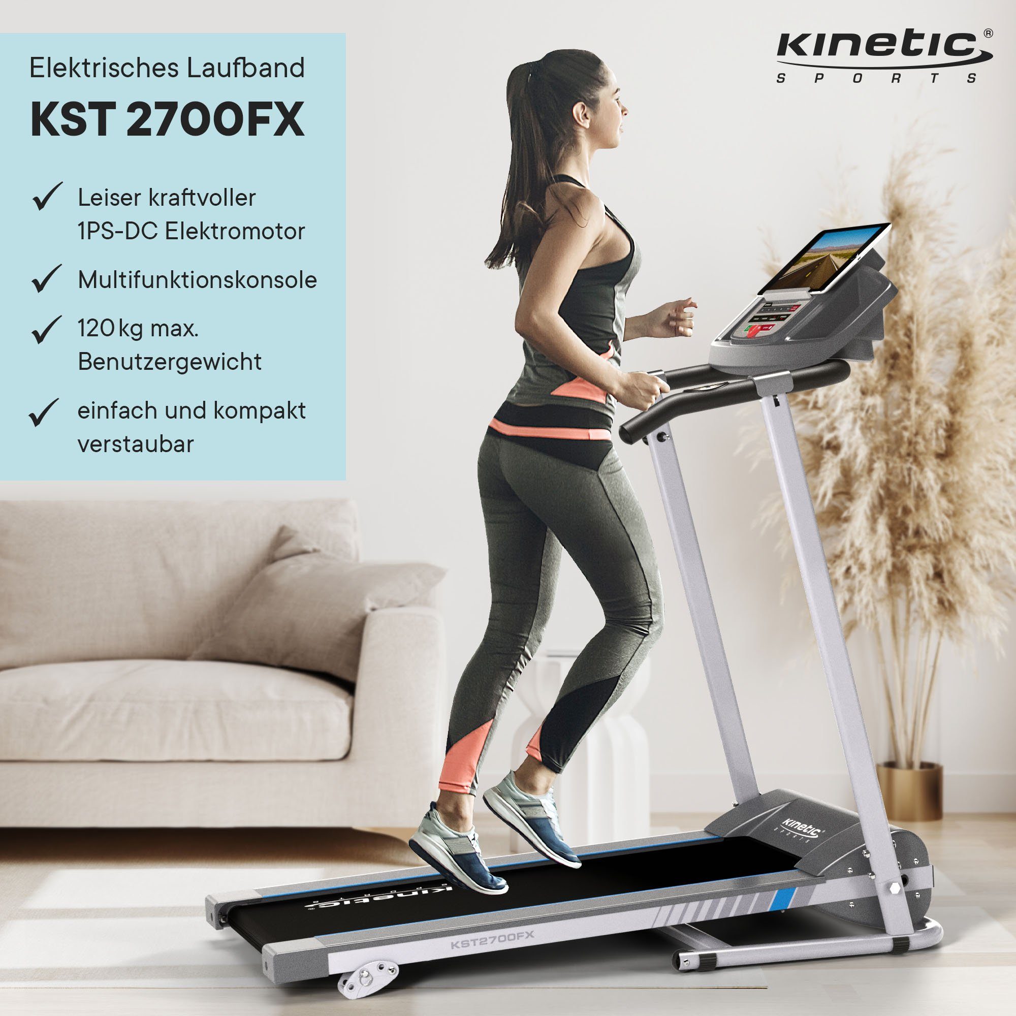 Kinetic Sports Laufband KST2700FX, klappbar mit LCD Display, 500 W Motor,  1- 10 km/h