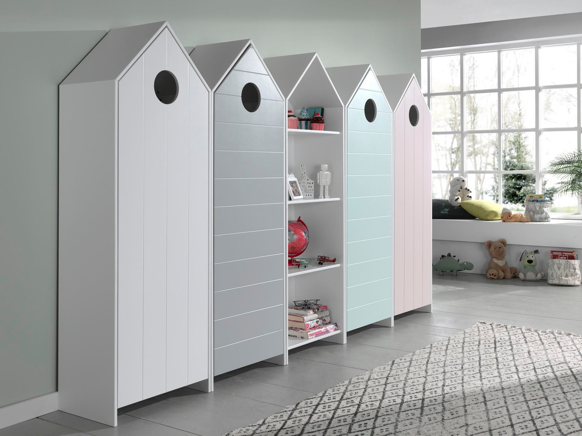58 aufm Kessel Mehrzweckschrank-Set Regalschrank Set Kania Standregal MDF+Holzwerkstoff Weiß /Bunt, (inkl. Versand, Lieferung bis Verwendungsstelle), 5-teiliges Regalschrank-Set, verschiedene Farben, dekorative Optik