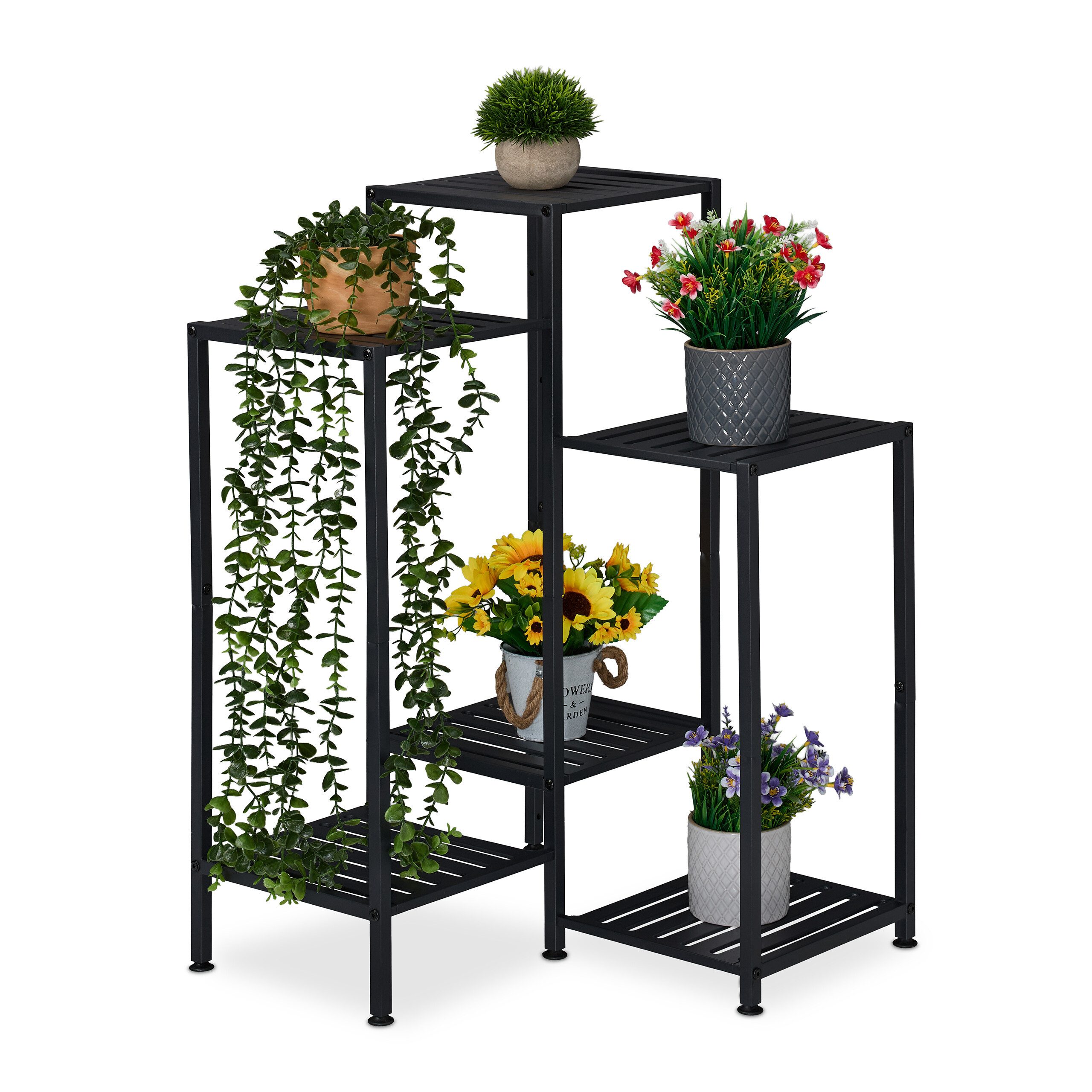 relaxdays Pflanzentreppe Blumenregal aus Metall (6 St), schwarz, 6 Ablagen