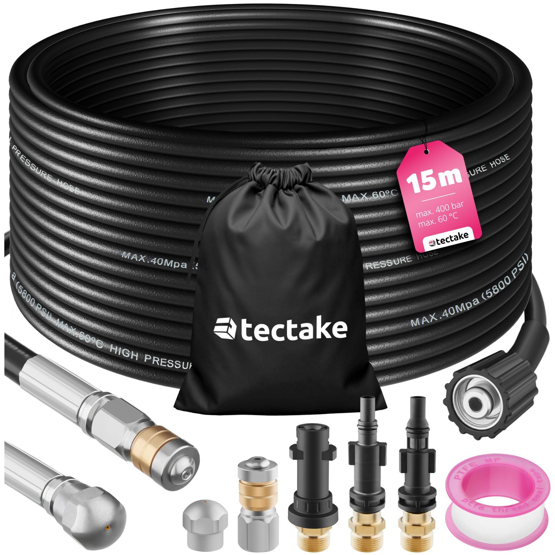 tectake Rohrreinigungsspirale 8-tlg. Rohrreinigungsschlauch-Set in 2 Größen, mit, L: 150 cm, (Hochdruck-Rohrreinigungsset, in schwarz), starre/rotierende Edelstahldüse, 3 Adapter, Arbeitsdruck 200 bar