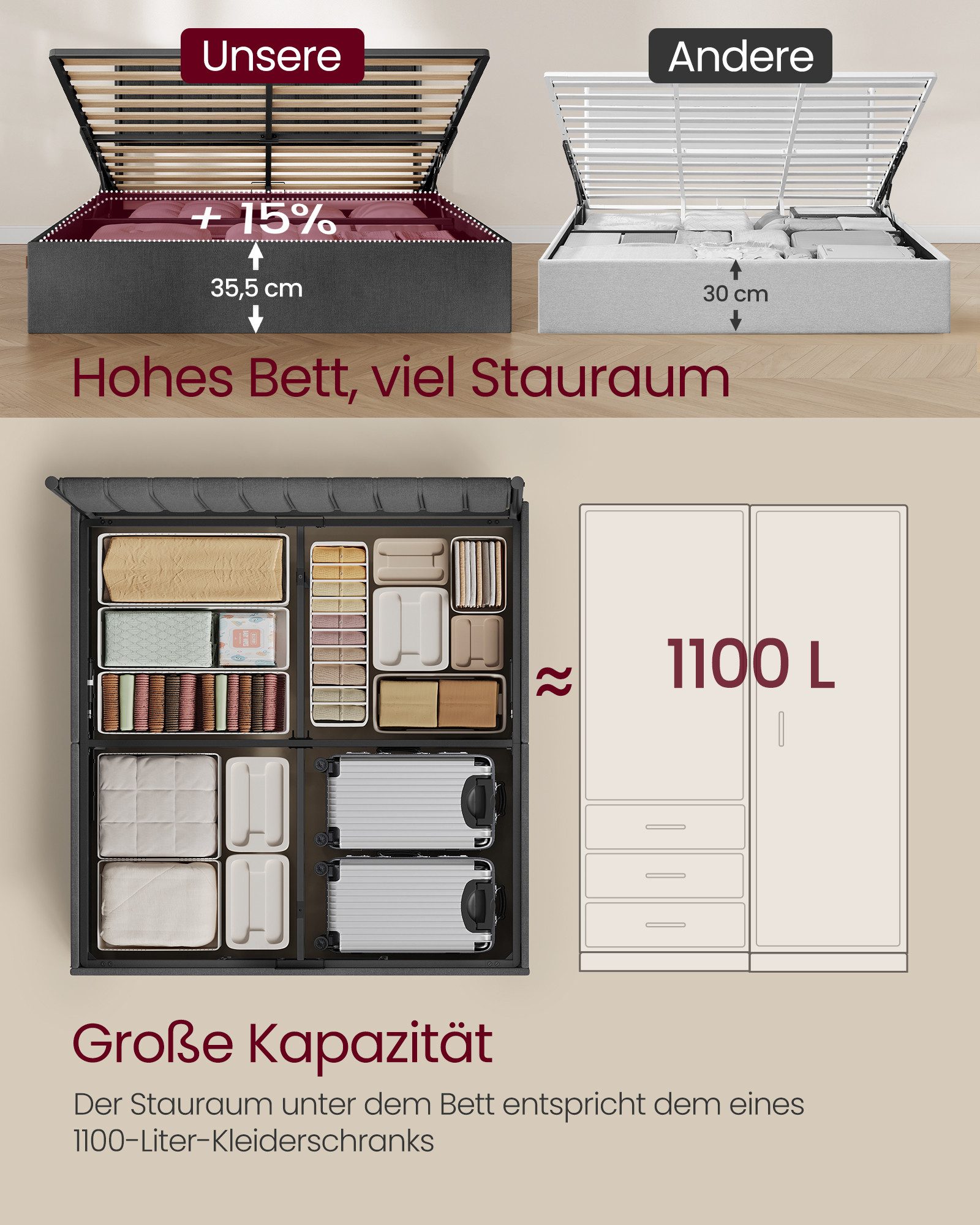 VASAGLE Polsterbett, Bettrahmen, klappbar Lattenrost, Stauraum, in 3 Größen verfügbar