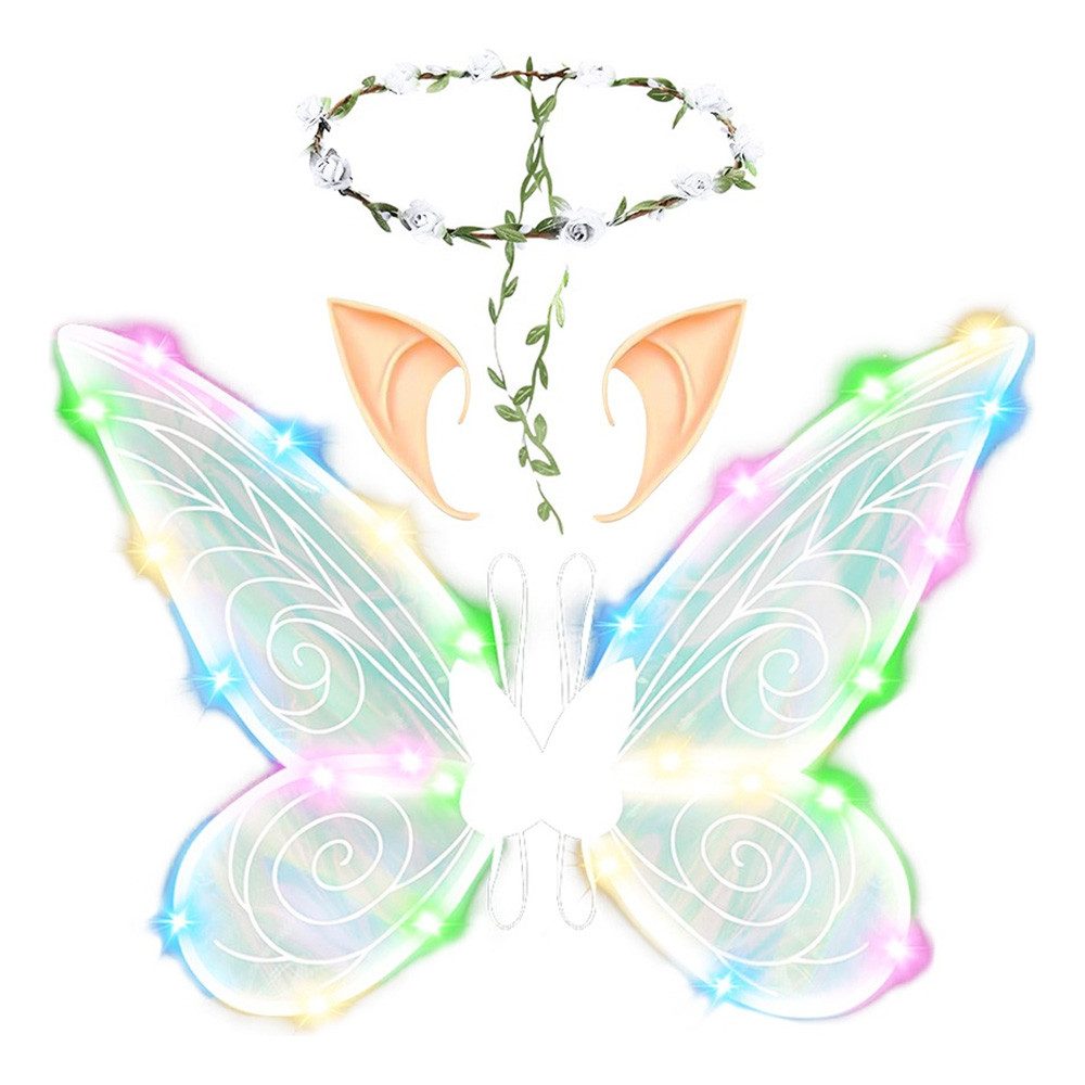 GOOLOO Feen-Kostüm Feenflügel Schmetterlings Flügel Engelsflügel Kostüm-Flügel mit LED, Beinhaltet Flügel, Elfenohren und Blumengirlande