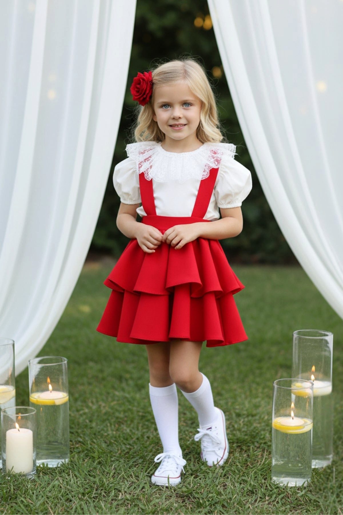 Parla Kids Shirt & Rock Rotes Kleid mit Trägern dazu kurzarm Shirt mit Spitzendetails