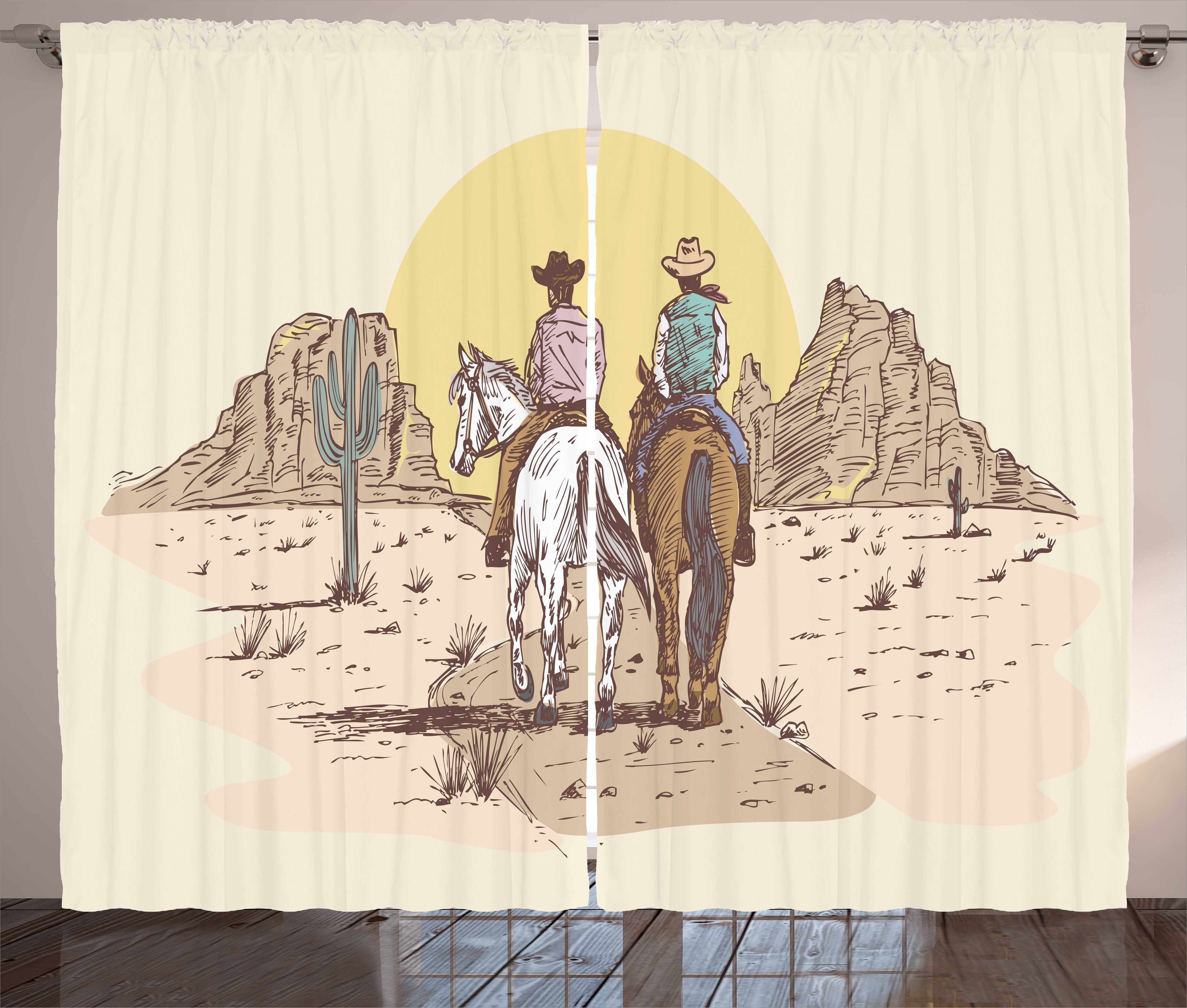 Gardine Schlafzimmer Kräuselband Vorhang mit Schlaufen und Haken, Abakuhaus, western Horse 2 Cowboys in Desert