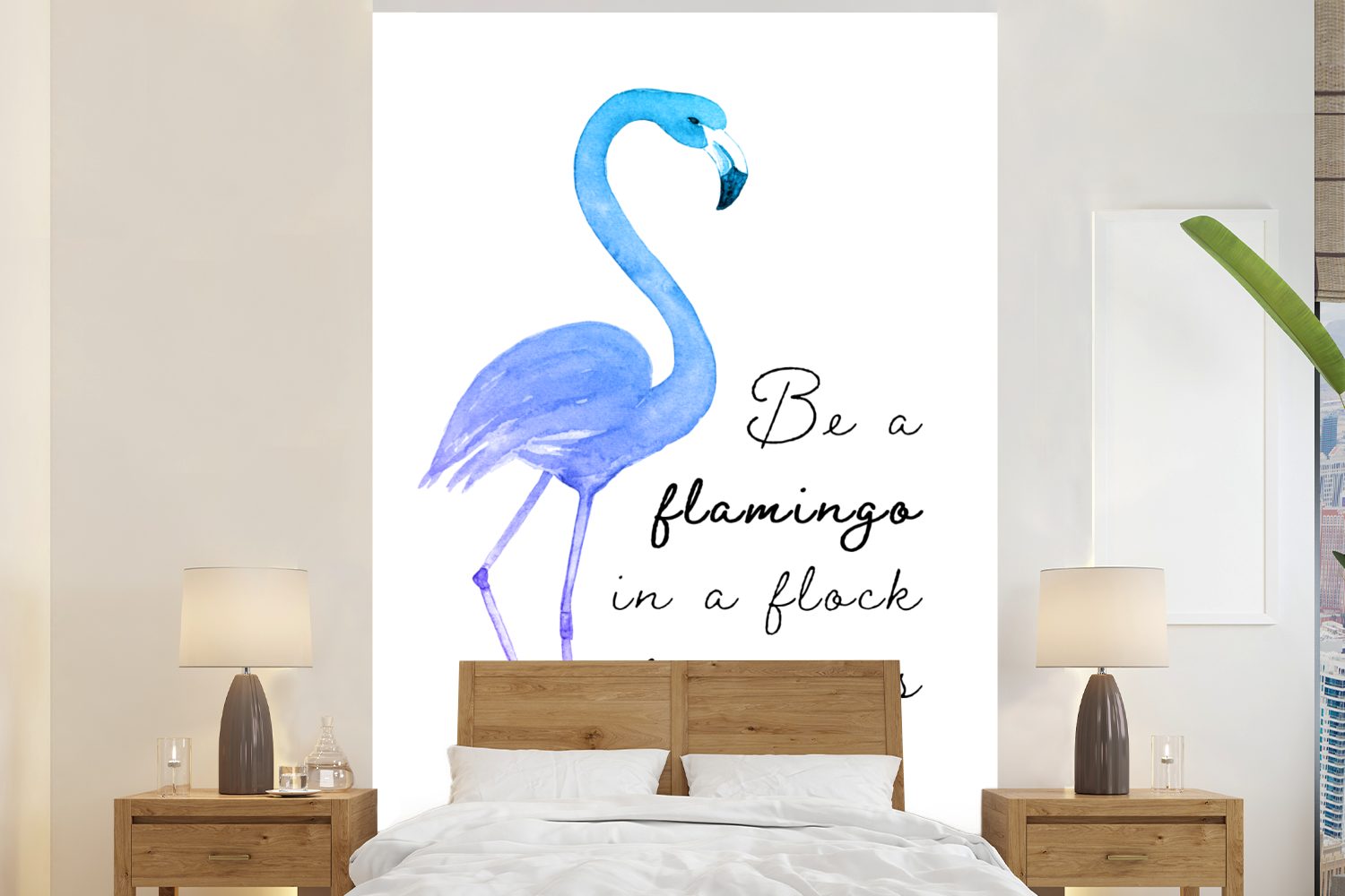 Fototapete Flamingo, Wandtapete MuchoWow - St), (3 Blau bedruckt, Montagefertig für Matt, Wohnzimmer, Tapete Lila Vinyl -
