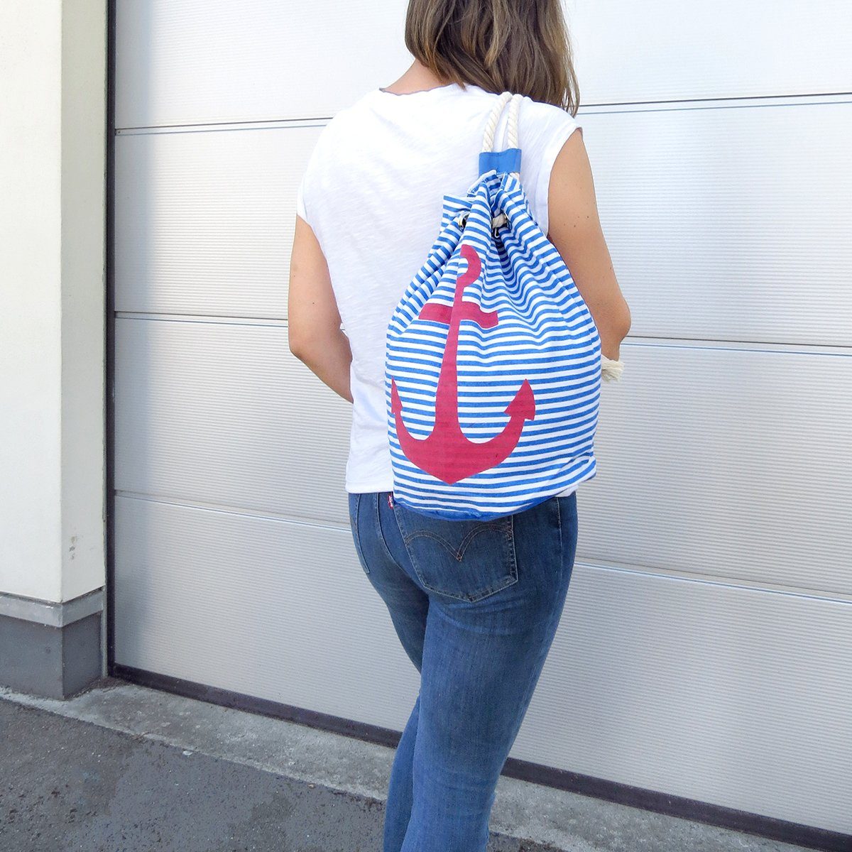 Originelli blau-rot maritim Umhängetasche Seesack mit Seilkordeln Ankerdruck Sonia gestreift