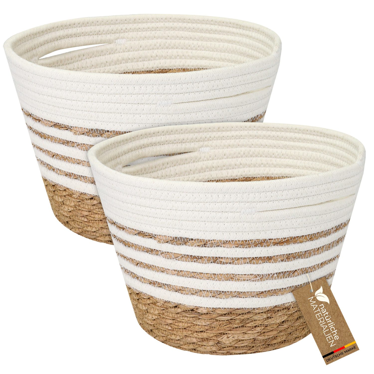 HMF Aufbewahrungskorb Materialmix aus 60 % Baumwolle, 40% Polyester, Seegras (2er-Set), und Seegras für Badezimmer, Küche und Wohnbereich, 27 x 19 cm, Weiß