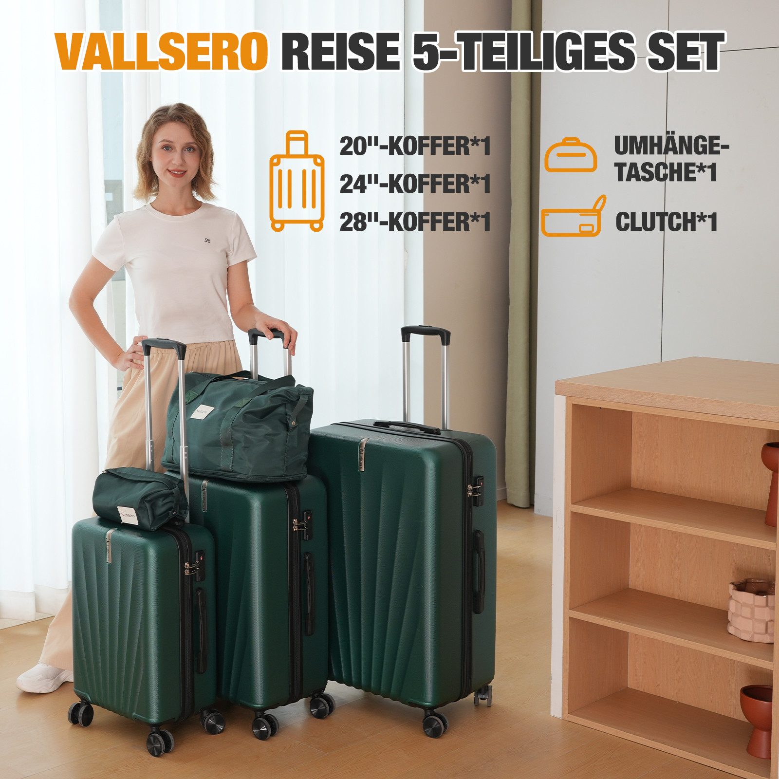 VALLSERO Trolleyset M-L-XL-Set, Gepäck mit Kosmetiktasche, Hartschalen-Koffer, 5-teiliges Set, hochfestes ABS-Gehäuse, 360° geräuschloses Rad