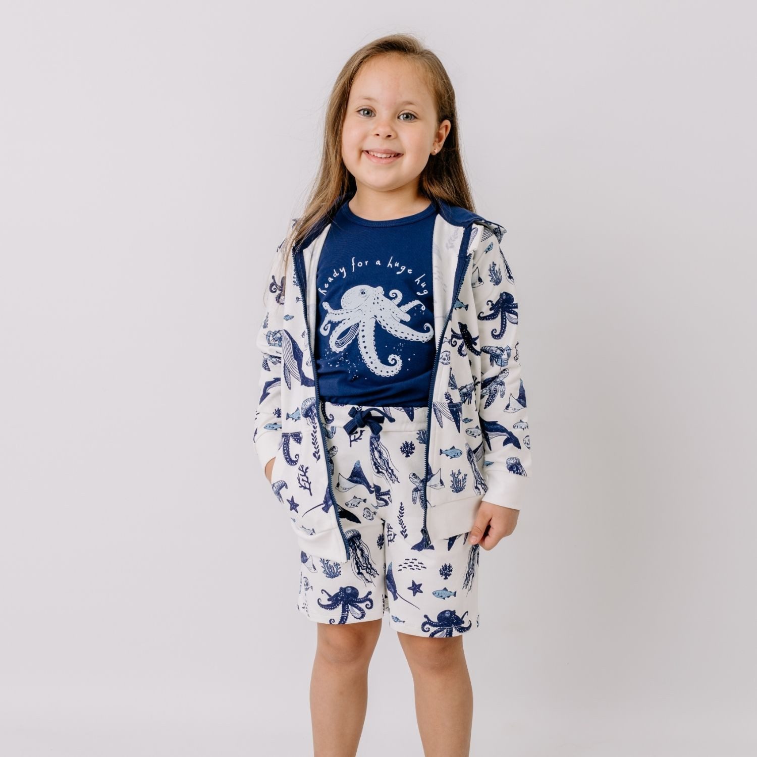 Walkiddy Sweatjacke Walkiddy Wal & Oktopus Kinder Bio Baumwolle GOTS Weiß - Bio Baumwolle,GOTS, Kinderbekleidung,nachhaltige Klamotten,Shorts